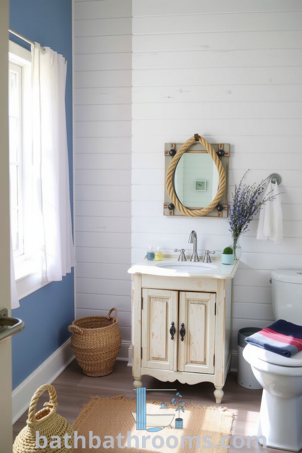 Cozy nautical bathroom with soft blue and white hues, shiplap walls, a vintage-style sink, and marine-themed decor, evoking a fresh seaside ambiance. Discover inspiring decor ideas for your home at bathbathrooms.com.