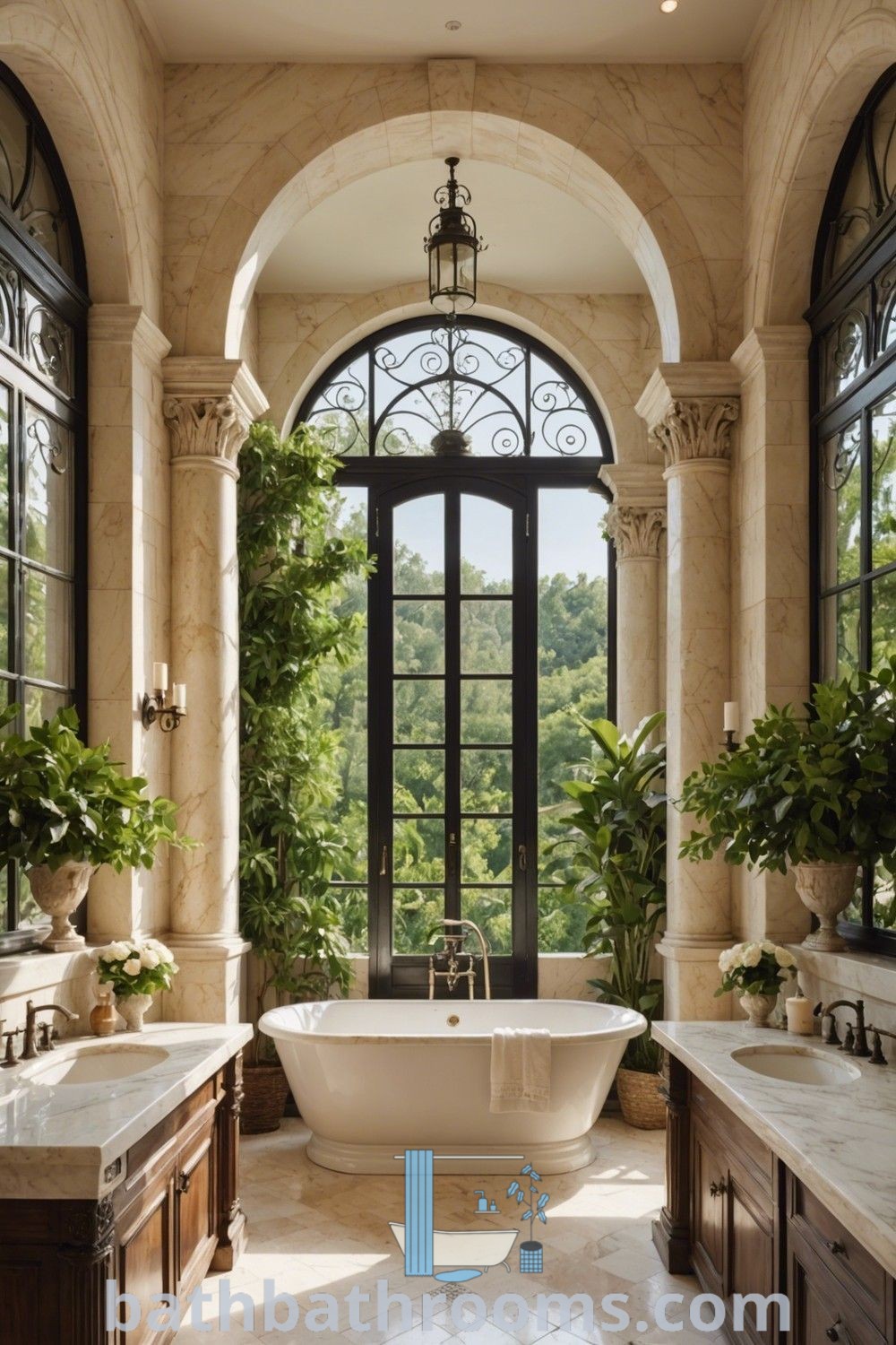 A large Mediterranean bathroom featuring two sinks and a central bathtub surrounded by arched windows, showcasing luxury decor ideas and design inspirations to transform your home. Explore unique Mediterranean styles and bath inspirations at bathbathrooms.com.
