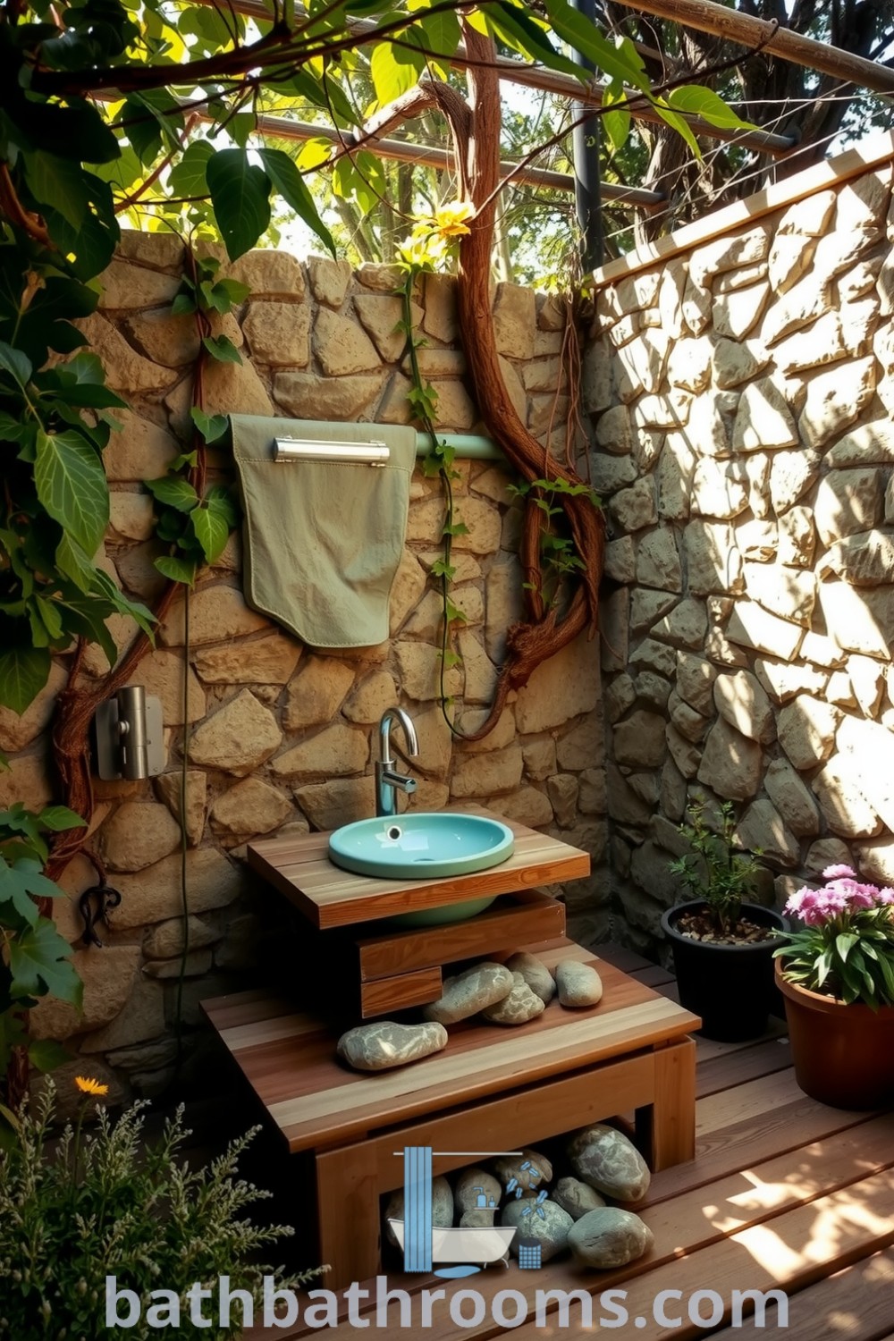 Cozy outdoor bathroom with natural stone walls, reclaimed wood basin, potted herbs, and wildflowers, creating an inviting and eco-friendly space. Explore more decor ideas for your home at bathbathrooms.com.