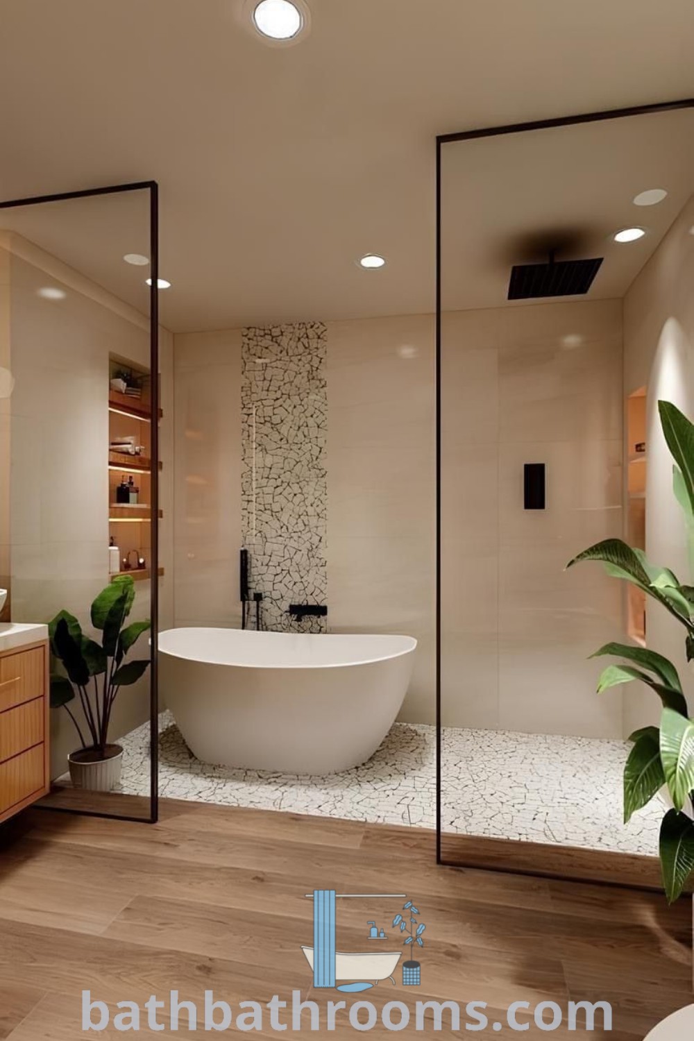A stylish bathroom featuring a large bathtub next to a plant, showcasing modern decor ideas, inspiring tile concepts, and effective organization solutions. Perfect for those seeking cozy aesthetics and unique ideas to transform their bathrooms, discover more inspirations at bathbathrooms.com.