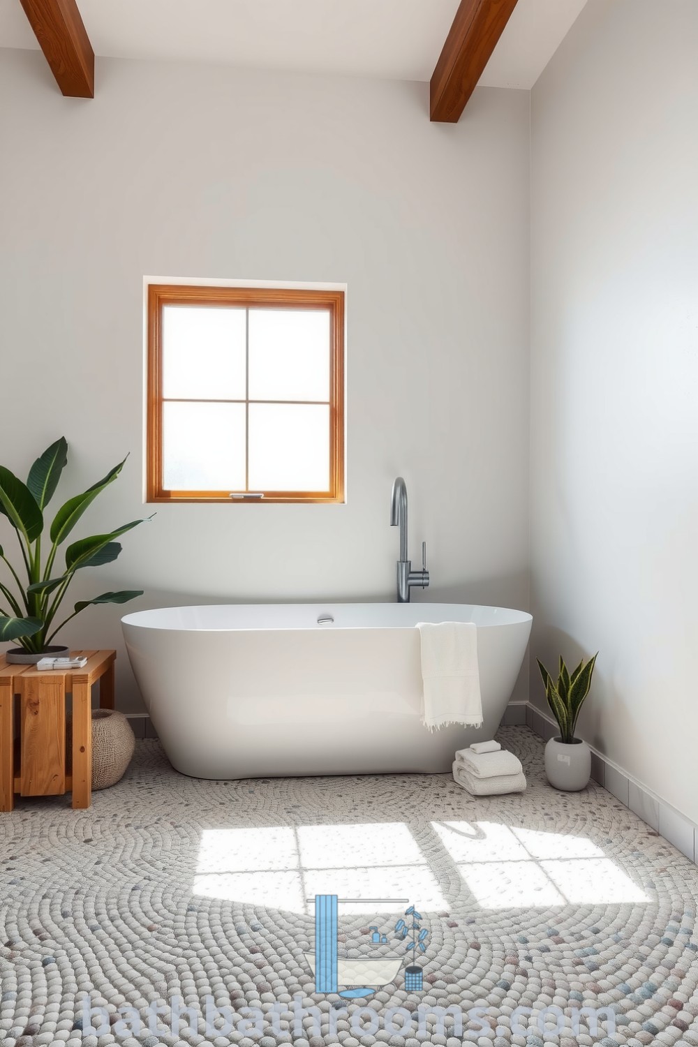 Minimalist bathroom featuring a freestanding tub, pebble stone floor, wooden accents, and greenery, illuminated by sunlight through a frosted glass window. Discover more cozy ideas for your home at bathbathrooms.com.