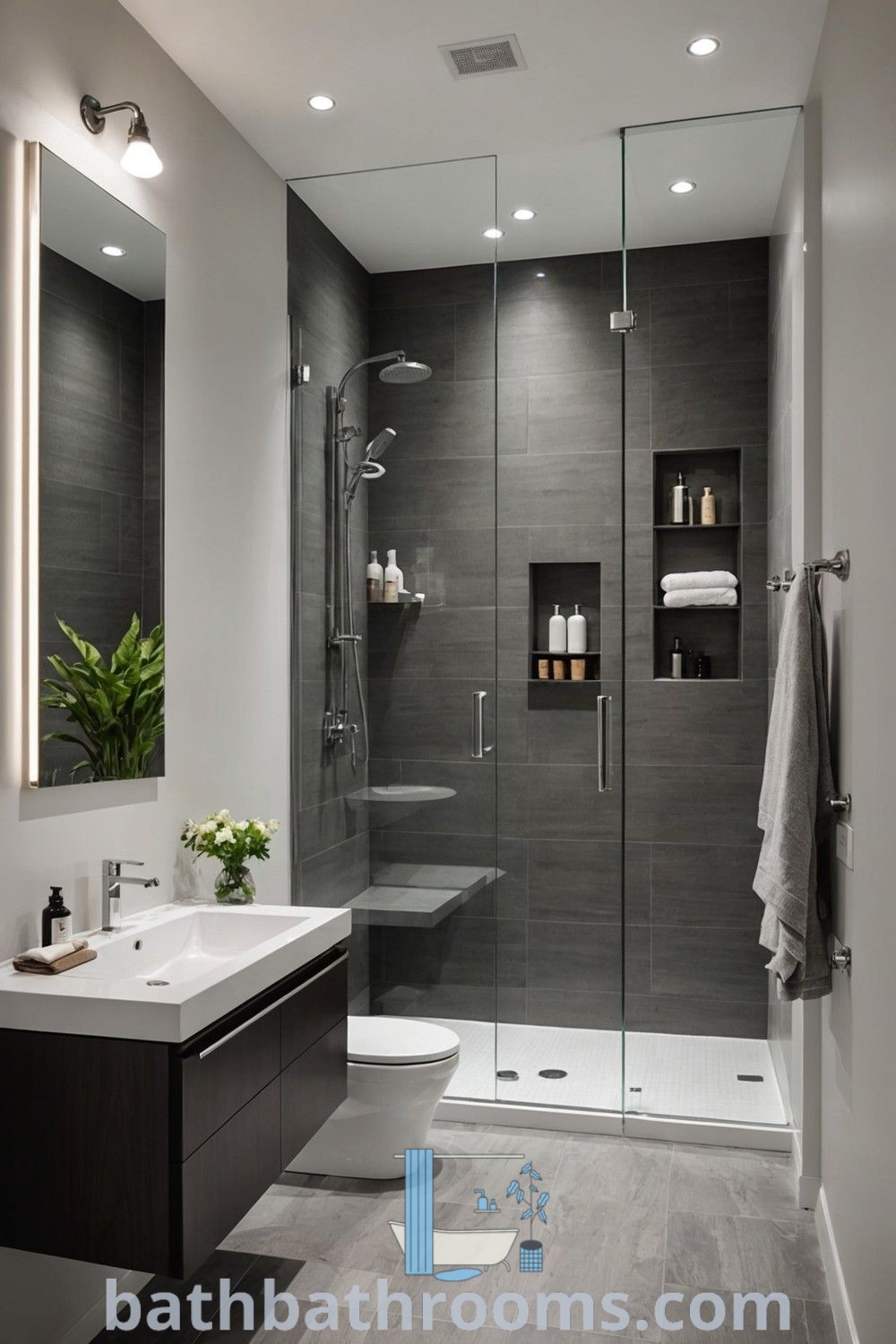 A stylish compact bathroom with a toilet, sink, and shower stall creatively placed within its walls. This design showcases modern bathroom styles and cozy decor ideas ideal for small spaces. For more unique bathroom design inspirations, visit bathbathrooms.com.