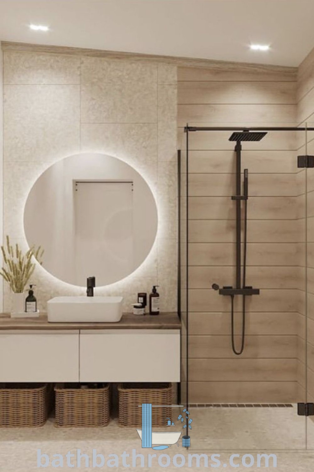 A stylish bathroom featuring a sink, mirror, and shower in the center area, showcasing cozy decor ideas and space-maximizing designs. Find inspiring bathroom renovation styles and tips at bathbathrooms.com.