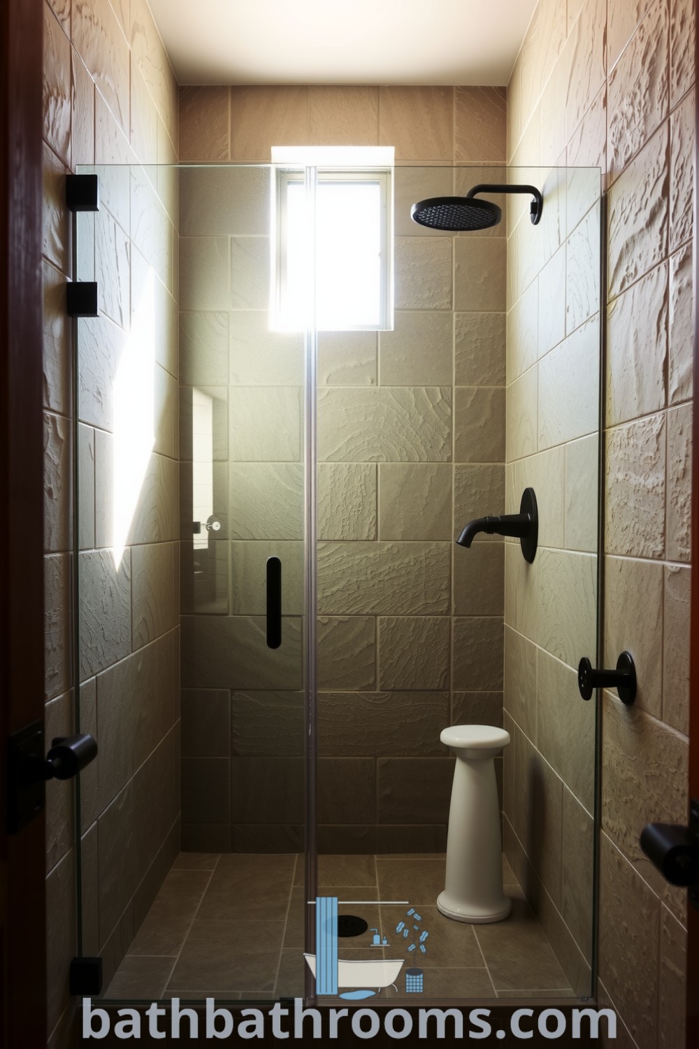 Cozy bathroom with a frameless glass shower, rough-hewn stone tiles, black metal fixtures, and wooden accents, offering a serene and inviting atmosphere. Discover unique ideas and inspirations for your home at bathbathrooms.com.