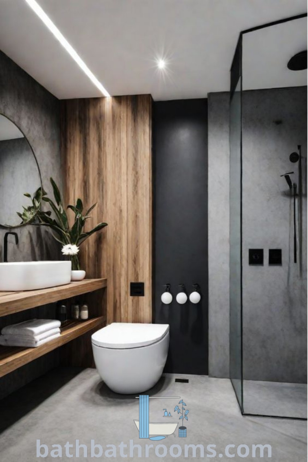 A modern bathroom featuring black and white walls, wood flooring, and a large mirror, beautifully blending concrete and wood elements for a chic design. Perfect for inspiring ideas for your home, this space reflects the latest design trends and decor ideas for small spaces. Visit bathbathrooms.com for more inspiring transformations.