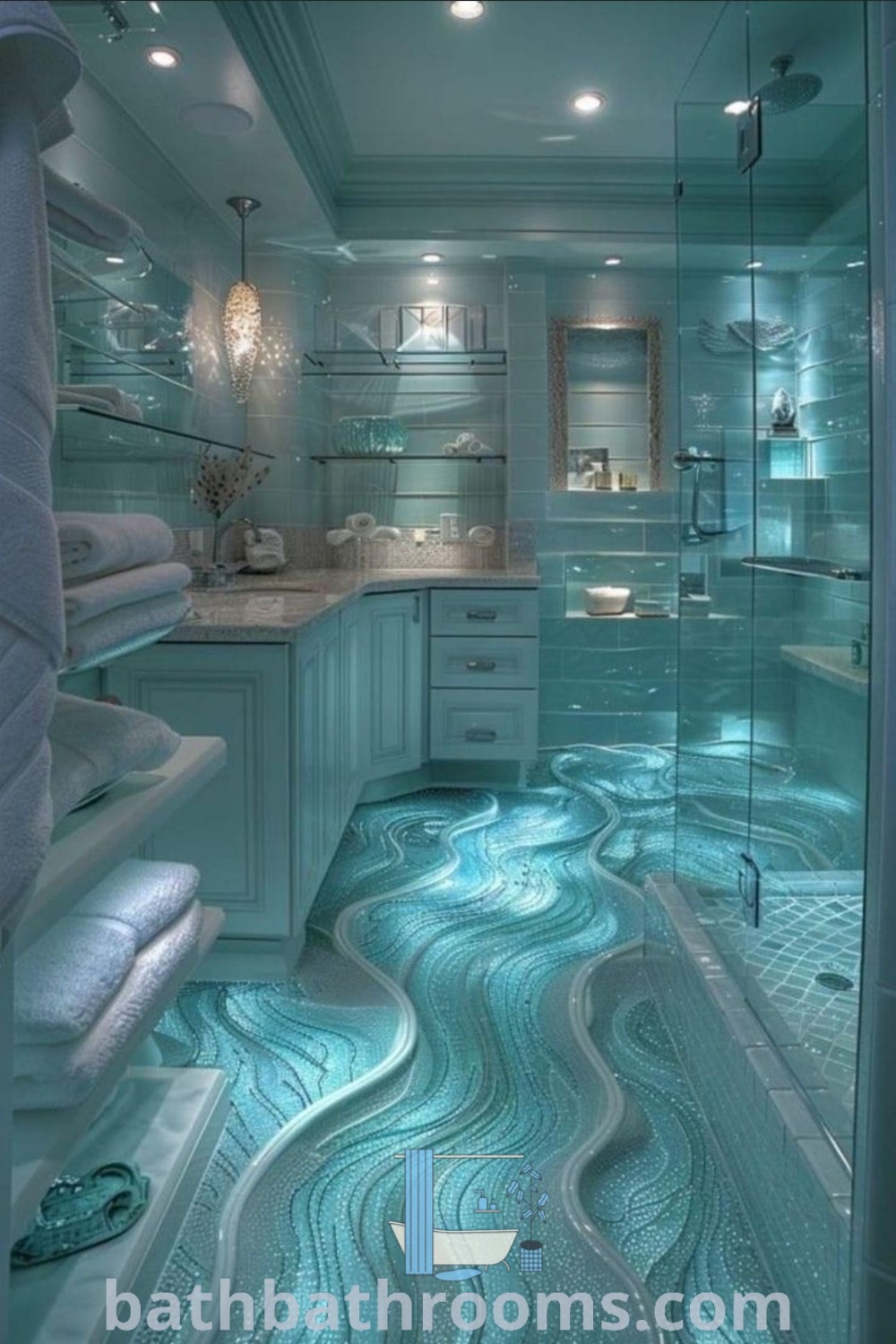 A bathroom with blue water flowing down the glass flooring, designed with sea decor elements and mermaid accents, creating a cozy aesthetic inspired by beach houses. Discover more captivating design ideas at bathbathrooms.com.