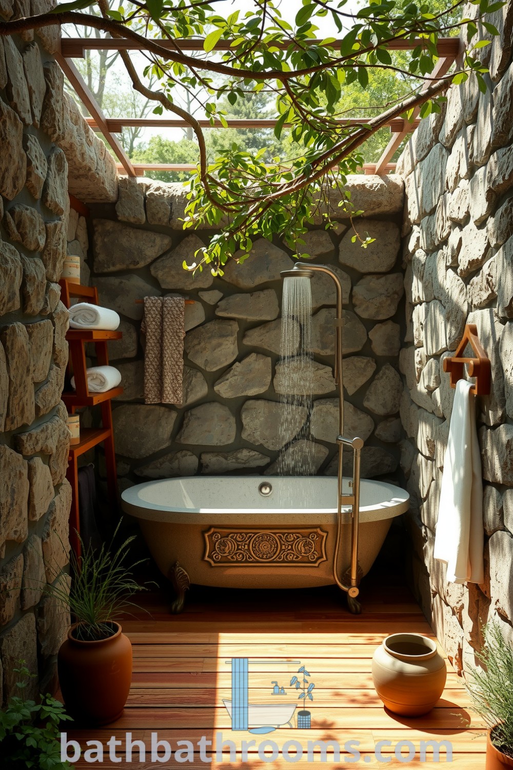 Outdoor bathroom featuring warm wooden planks, natural stone walls, a granite soaking tub, rainfall shower, and terracotta pots with fragrant herbs, creating a serene spa-like atmosphere. Discover unique ideas for a cozy home at bathbathrooms.com.