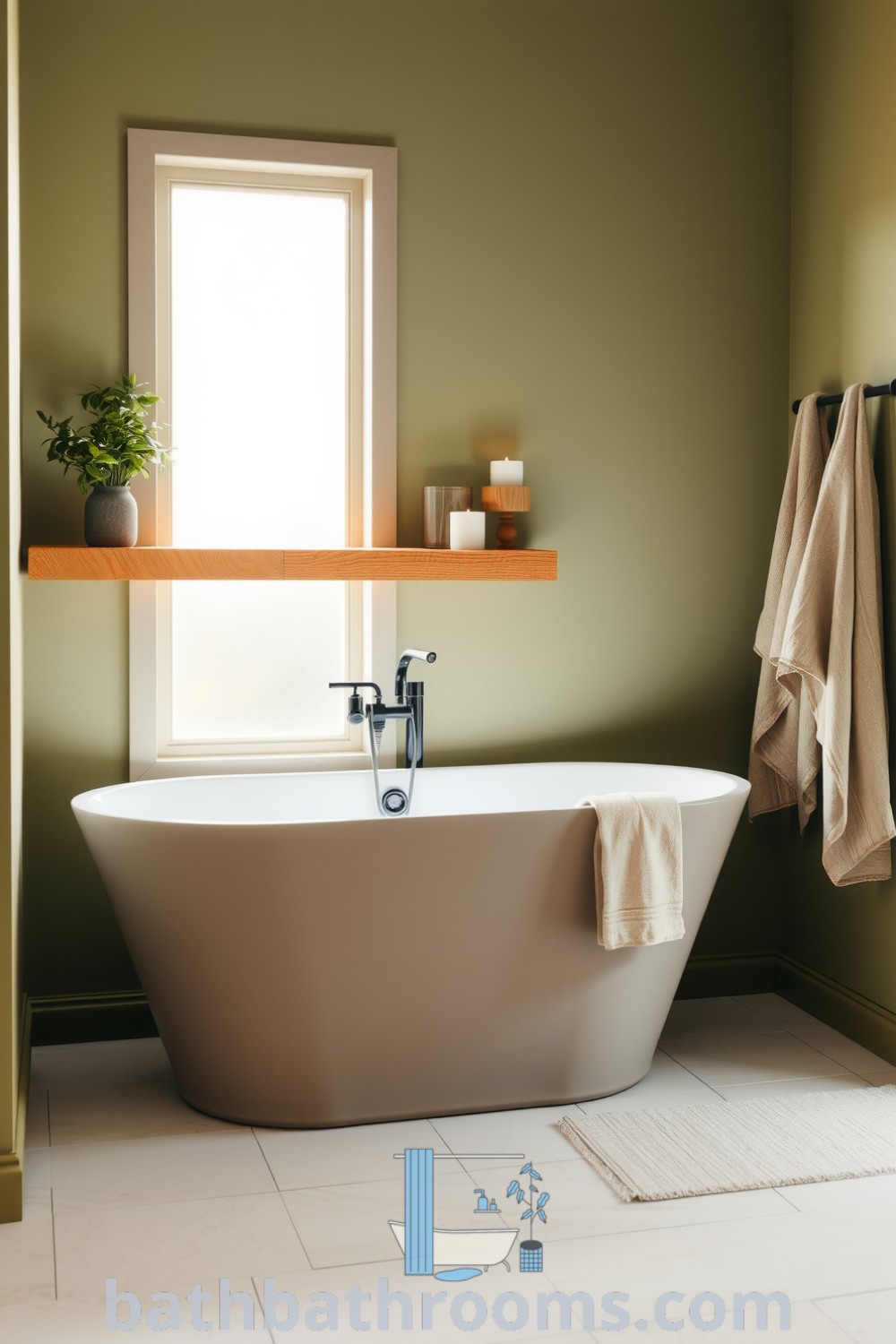 Minimalist bathroom featuring a freestanding tub, rustic wooden shelves with potted plants, soft olive walls, and creamy stone tiles, designed for a serene and cozy atmosphere. Discover unique ideas and designs for your home at bathbathrooms.com.