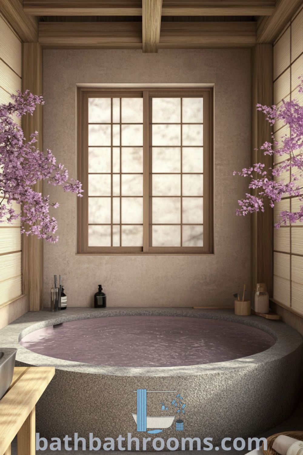 Cozy Japanese bathroom featuring a smooth stone soaking tub, lavender walls, wooden accents, and bamboo decor, creating a tranquil and inviting space. Discover unique ideas for your home at bathbathrooms.com.