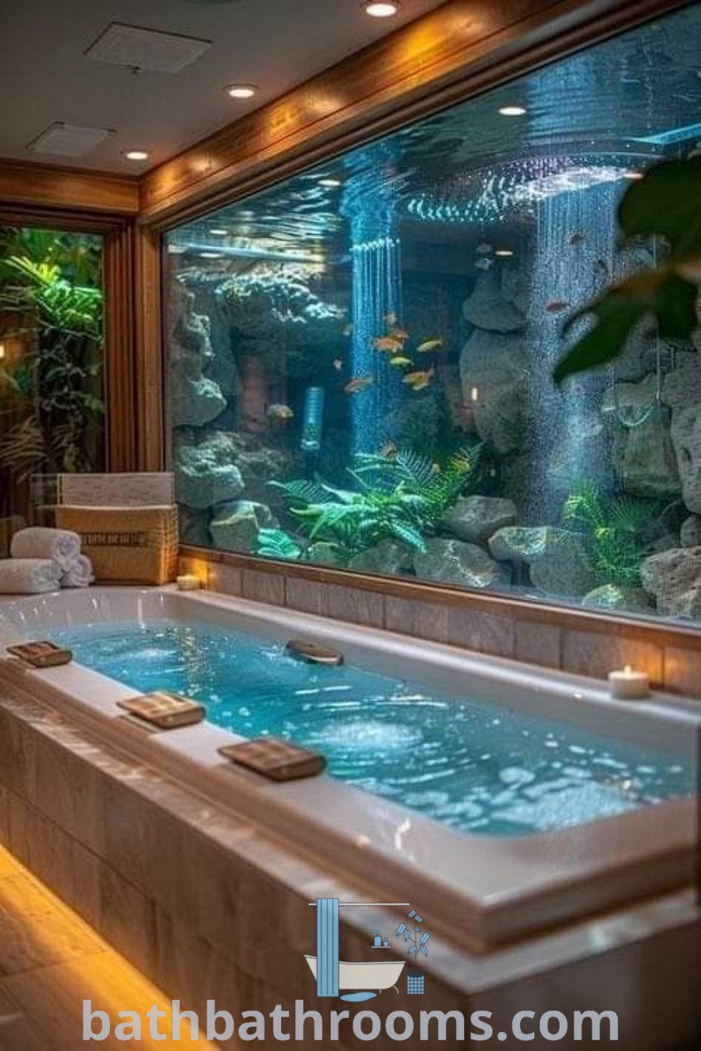 A tranquil bathroom features a large fish wall aquarium in the center, complemented by a jacuzzi tub. This dreamy design showcases unique inspirations for creating a cozy home environment. Discover more decor ideas at bathbathrooms.com.
