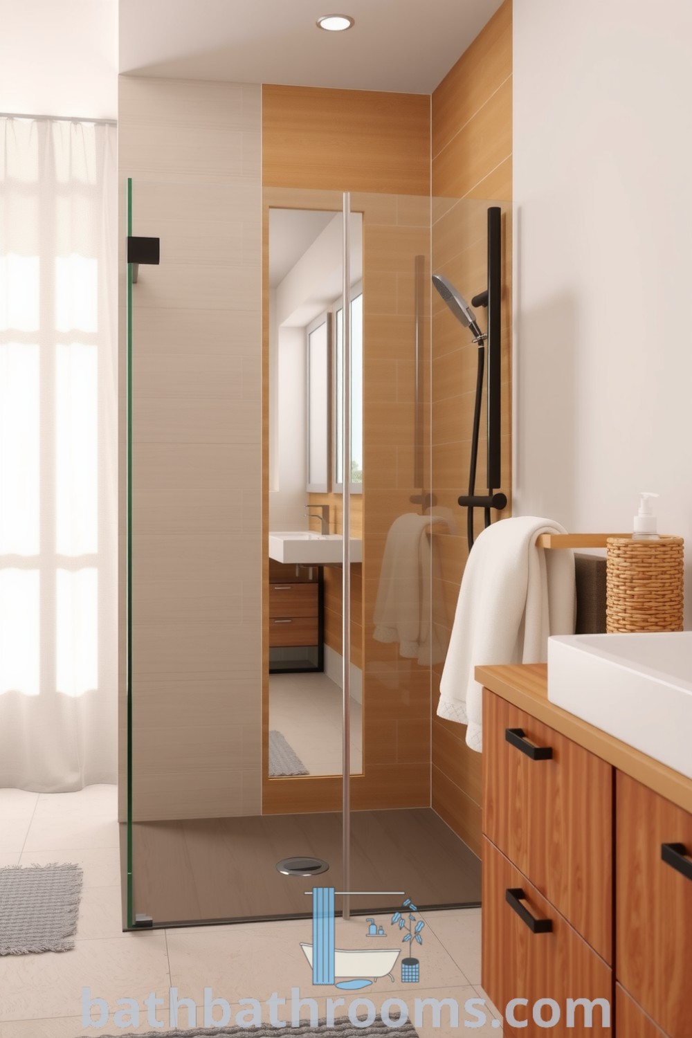 Cozy bathroom featuring a frameless glass shower, textured beige tiles, a rustic wooden vanity, and plush white towels, creating a serene and inviting atmosphere. Explore unique ideas for your home at bathbathrooms.com.