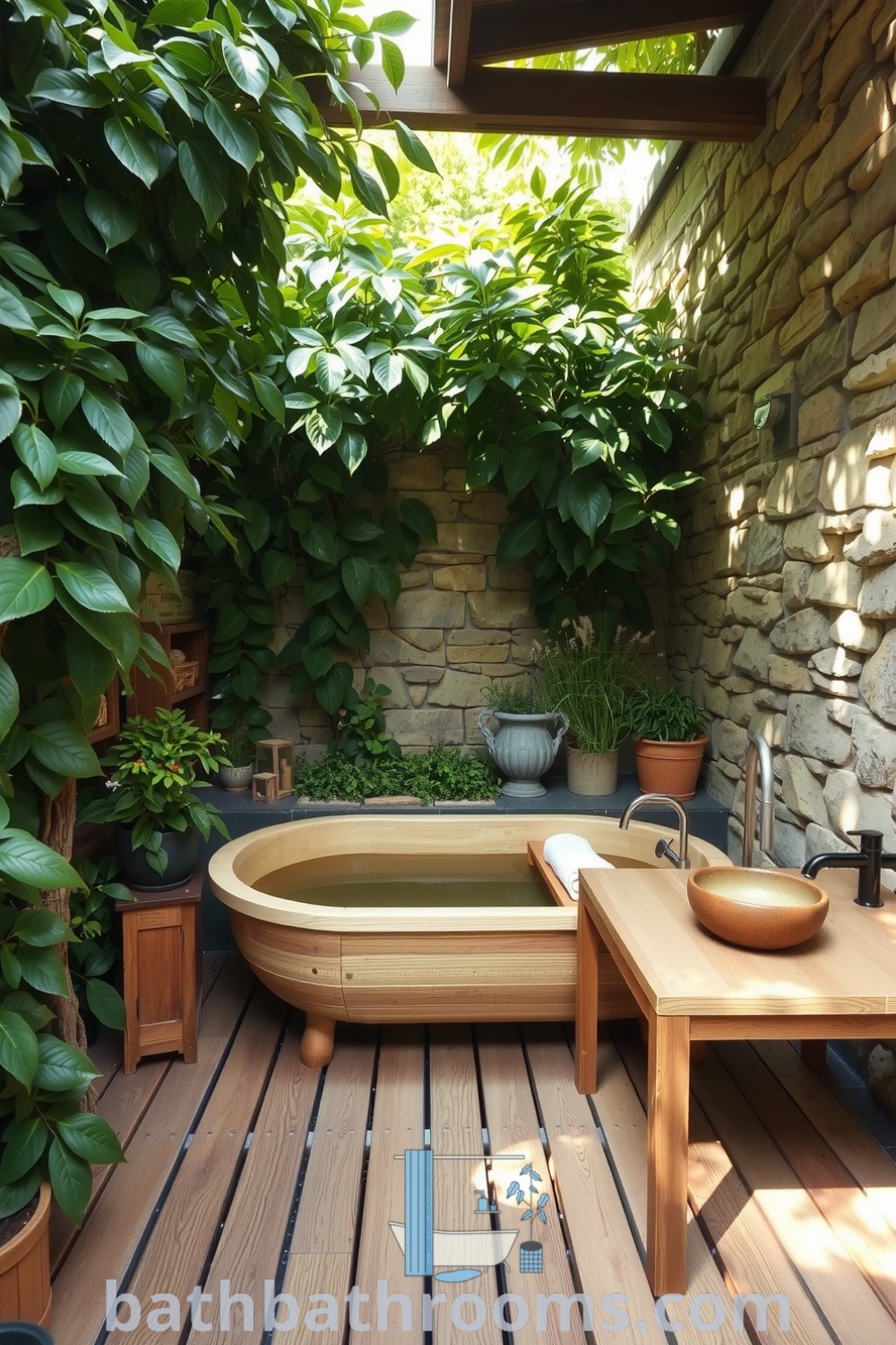 Cozy outdoor bathroom featuring natural wood planks, rustic stone walls, a wooden soaking tub, and lush greenery, offering a serene and inviting environment. Explore unique ideas and inspirations for your home at bathbathrooms.com.
