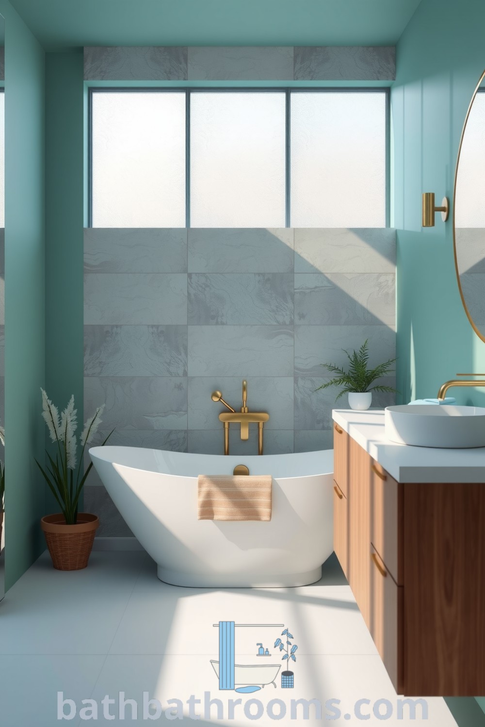 Minimalist bathroom featuring a freestanding tub against soft gray stone, turquoise hues, contemporary wooden vanity, and potted greenery, creating a tranquil and inviting retreat. Explore more cozy design ideas at bathbathrooms.com.
