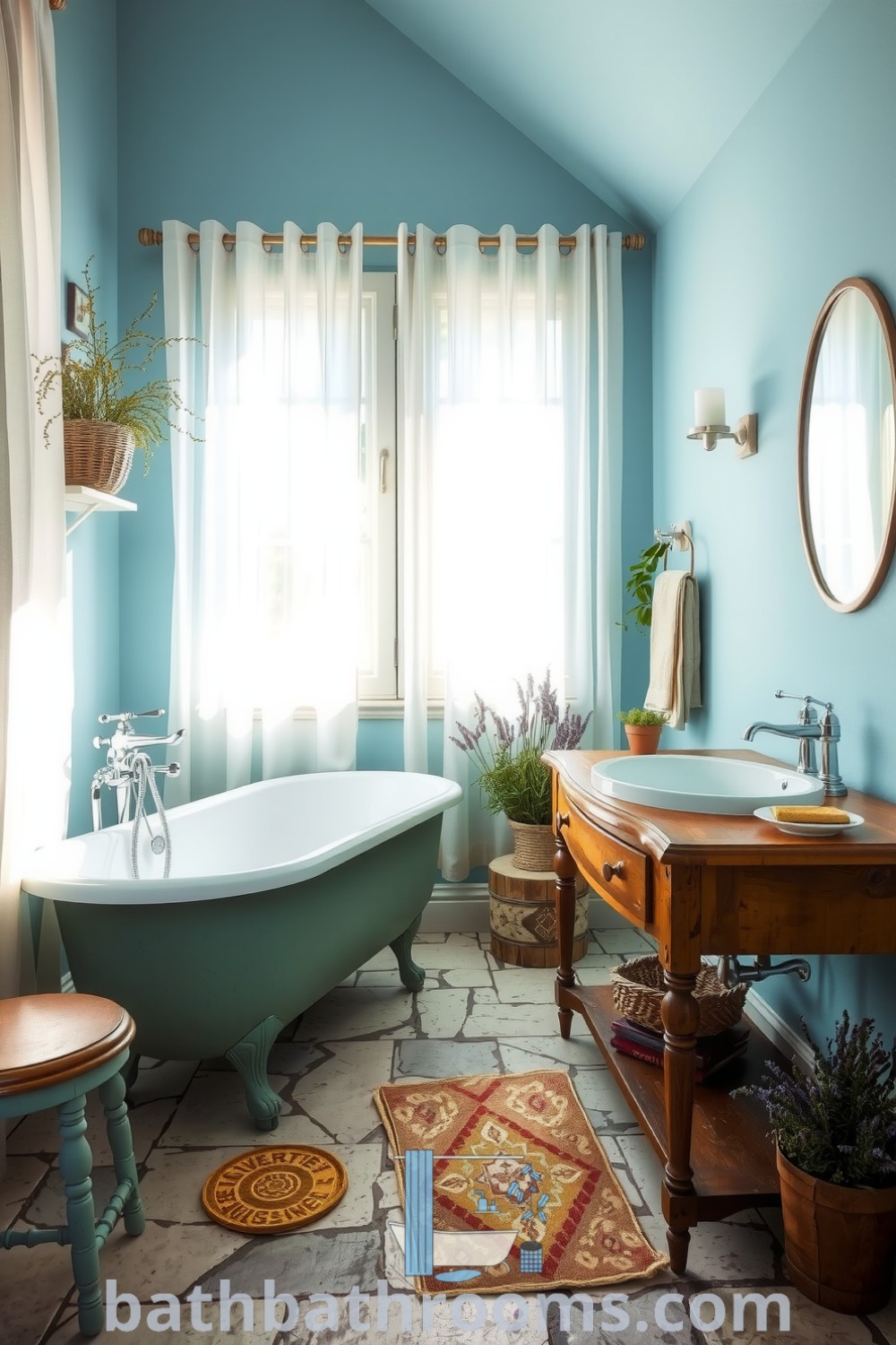Cozy Provence bathroom featuring soft blue walls, vintage clawfoot tub, rustic stone tiles, and potted herbs, creating a tranquil and inviting atmosphere. Discover more decor ideas for your home at bathbathrooms.com.