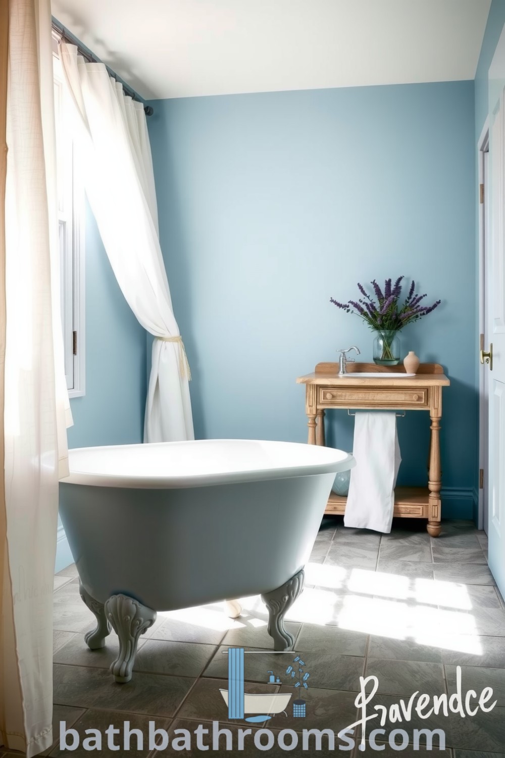 Cozy Provence bathroom featuring soft blue hues, an antique clawfoot tub, sheer white linen curtains, a weathered wooden vanity, and lavender accents, providing a tranquil and inviting atmosphere. Discover more decor ideas for small spaces at bathbathrooms.com.