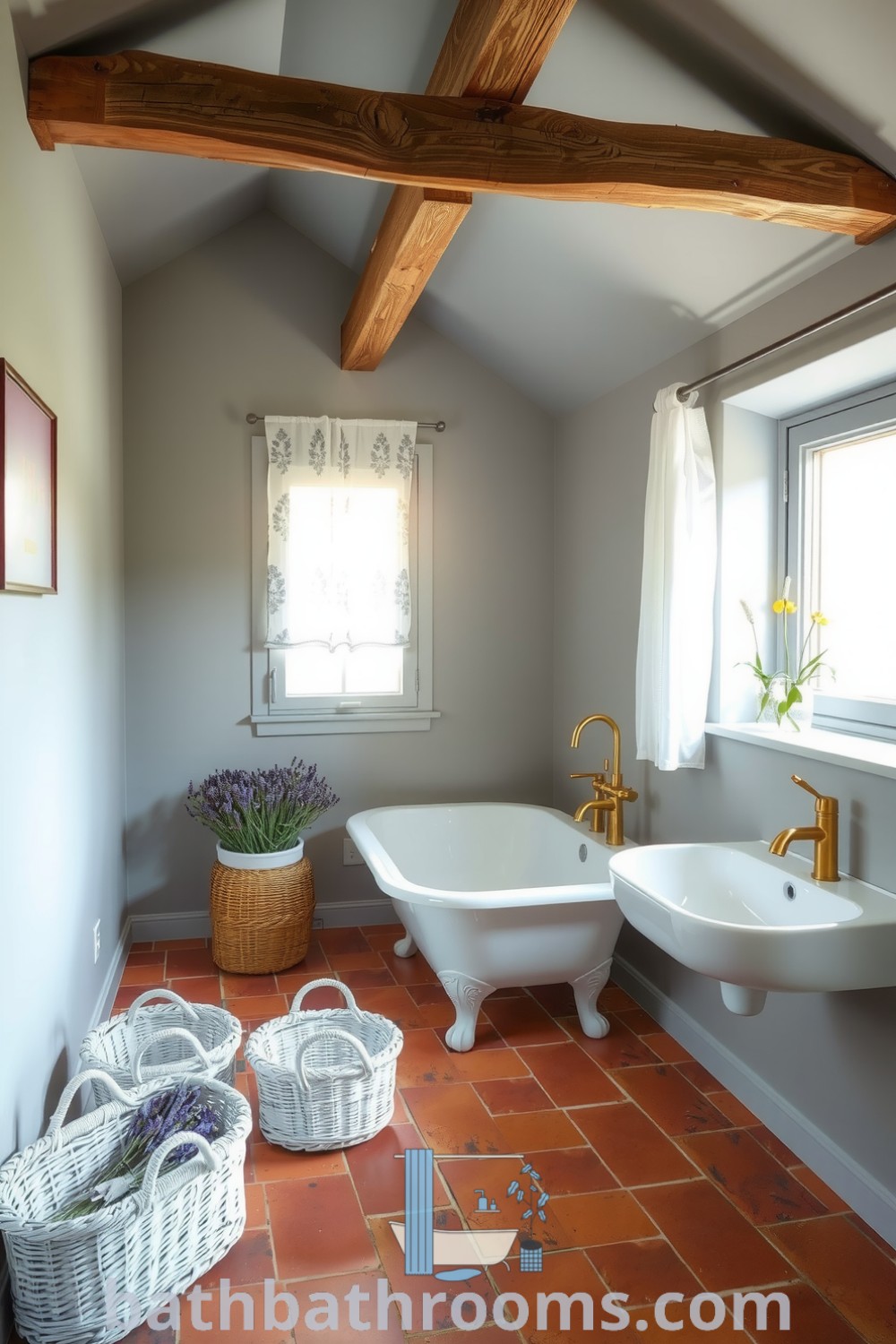 Cozy Provence bathroom featuring muted gray walls, rustic terracotta tiles, clawfoot tub, and lavender-filled wicker baskets, creating a serene and inviting atmosphere. Discover more inspiring decor ideas for your home at bathbathrooms.com.