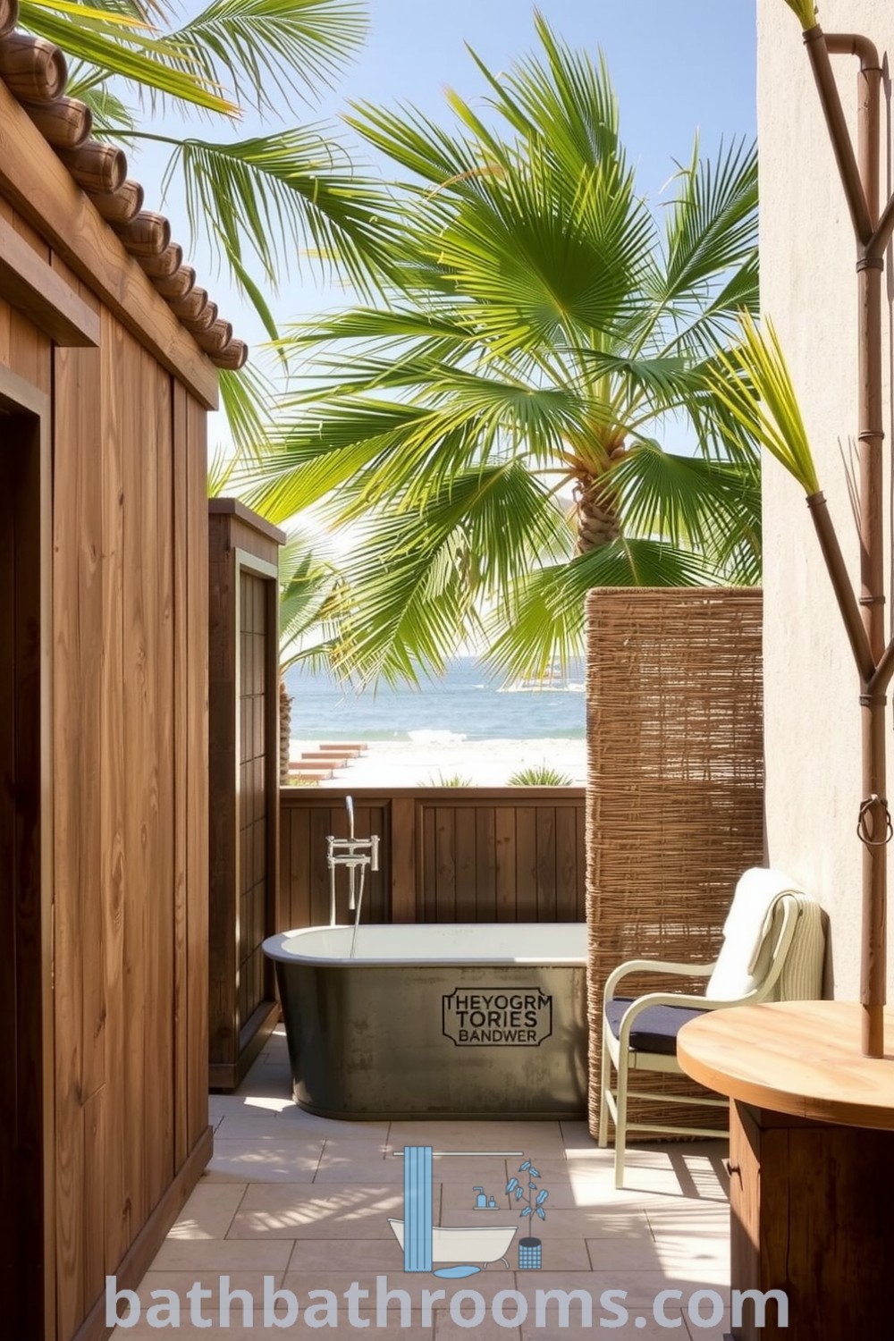 Coastal outdoor bathroom featuring weathered wood, natural stone, a freestanding tub, palm trees, and soft hues, creating a serene and inviting atmosphere. Discover inspiring decor ideas for your home at bathbathrooms.com.