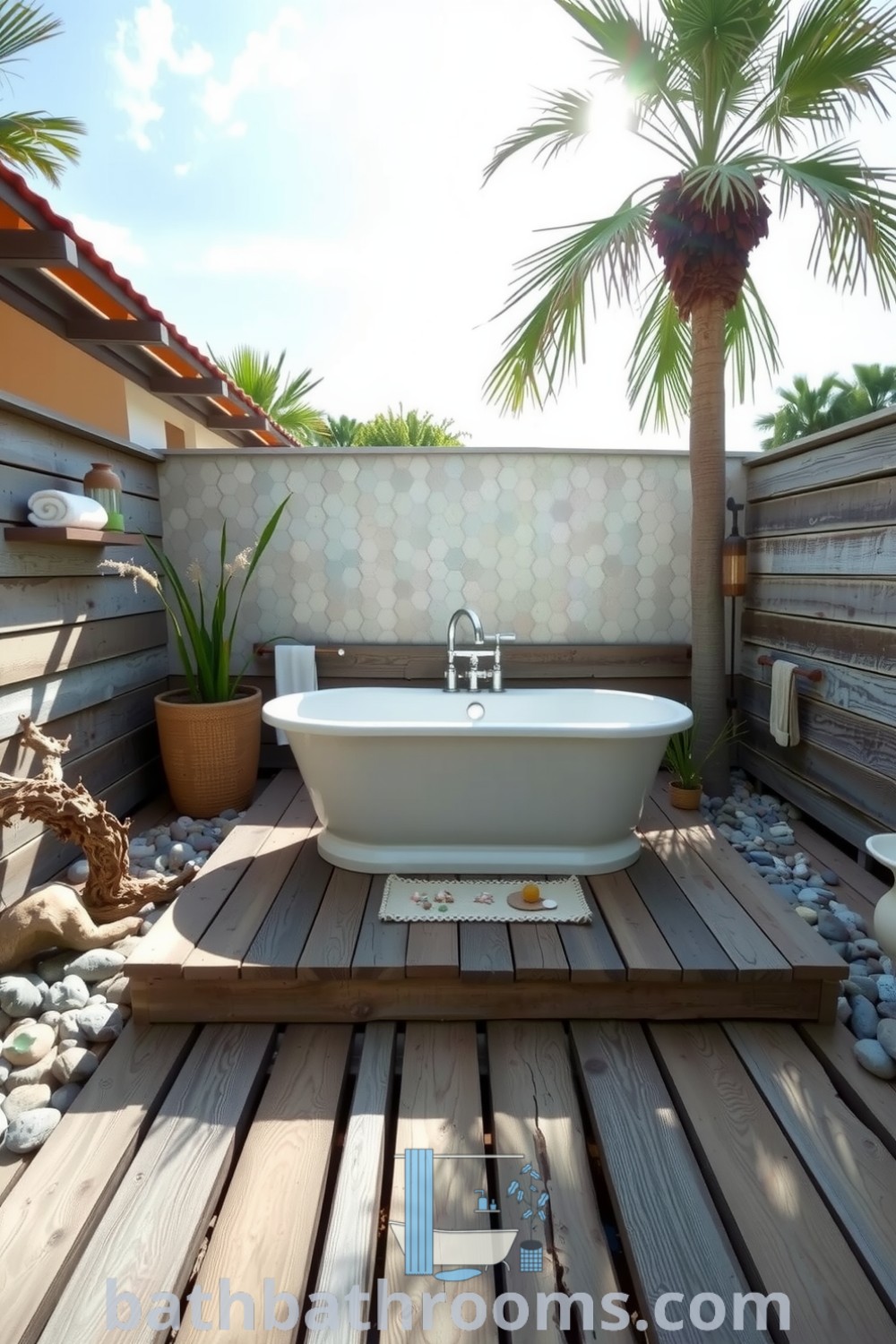 Cozy outdoor bathroom featuring a rustic freestanding tub on weathered wooden planks, sea glass accents, and smooth stones, surrounded by palm fronds under a blue sky. Explore unique decor ideas for homes at bathbathrooms.com.