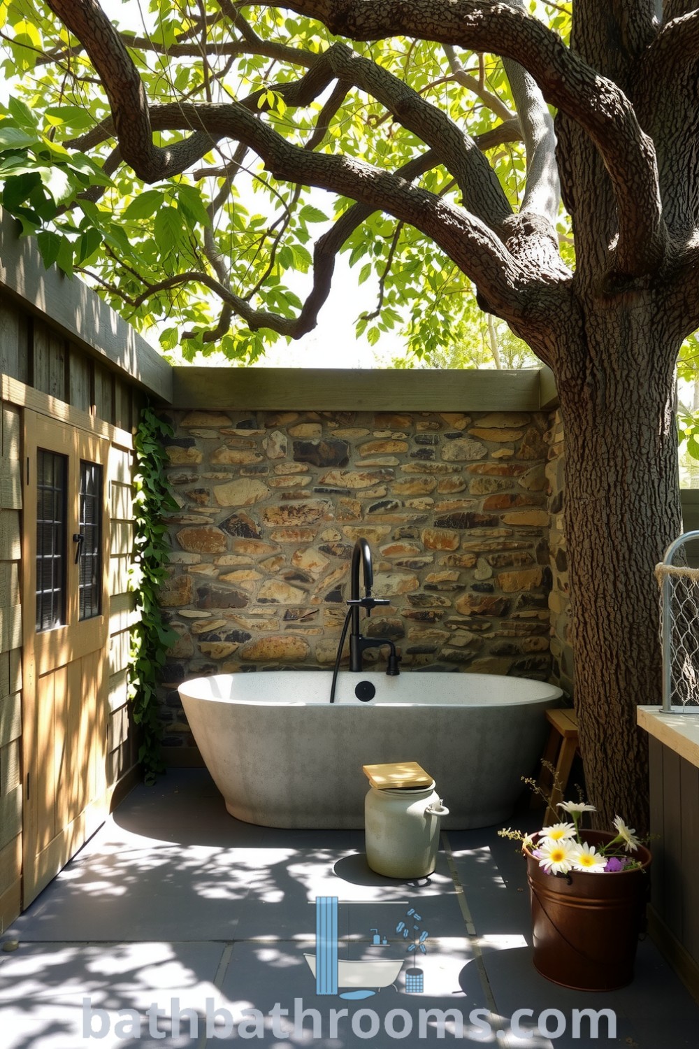 Rustic outdoor bathroom with a freestanding tub under an oak tree, stone walls, and wildflowers, creating a serene and cozy atmosphere. Discover charming decor ideas for your home at bathbathrooms.com.