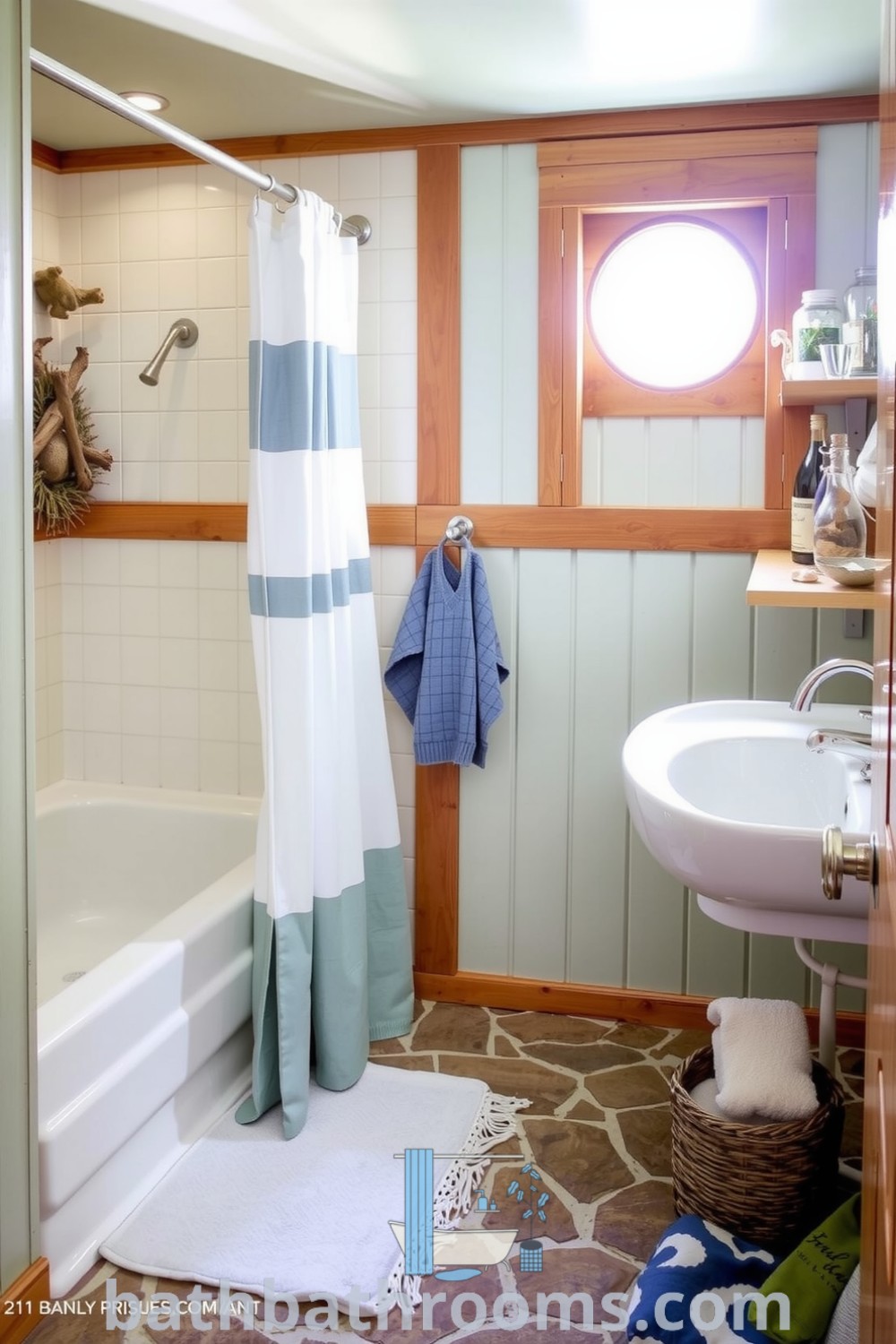 Coastal bathroom featuring seafoam green walls, textured stone floor, nautical shower curtain, and driftwood shelves displaying shells and glass bottles, creating a cozy and serene atmosphere. Discover more cozy decor ideas at bathbathrooms.com.