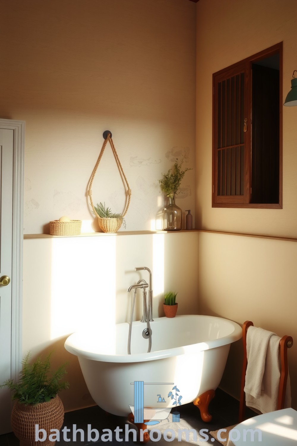 Cozy Provence bathroom featuring creamy walls, a vintage freestanding tub against an exposed stone wall, natural wood accents, and fresh herbs in pots, creating a tranquil atmosphere. Discover inspiring decor ideas for your home at bathbathrooms.com.