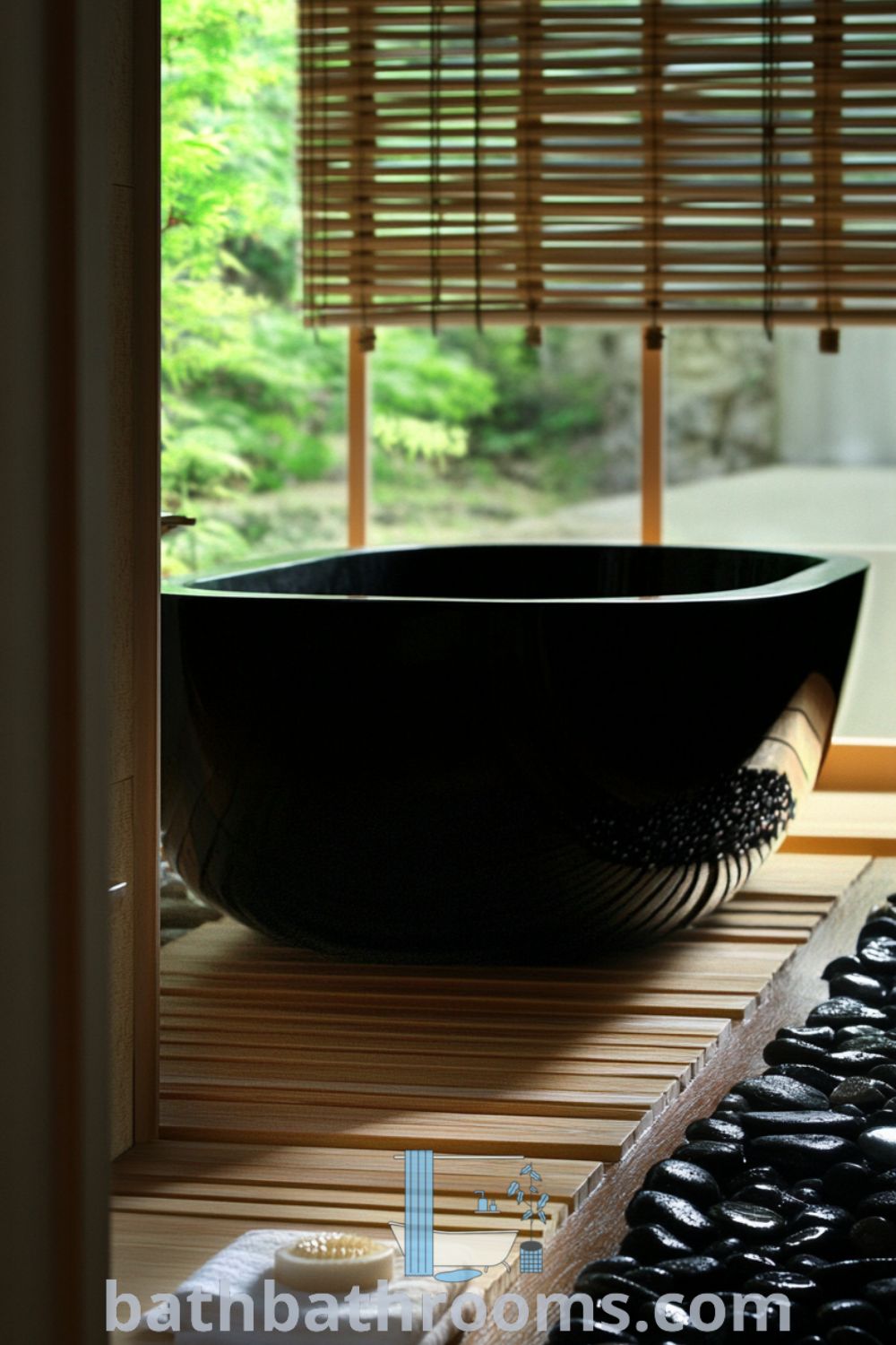 Cozy Japanese bathroom with a deep black tub, smooth stone walls, polished wood and pebble flooring, bamboo accents, and a view of a lush garden, creating a tranquil and inviting atmosphere. Discover more design ideas for your home at bathbathrooms.com.