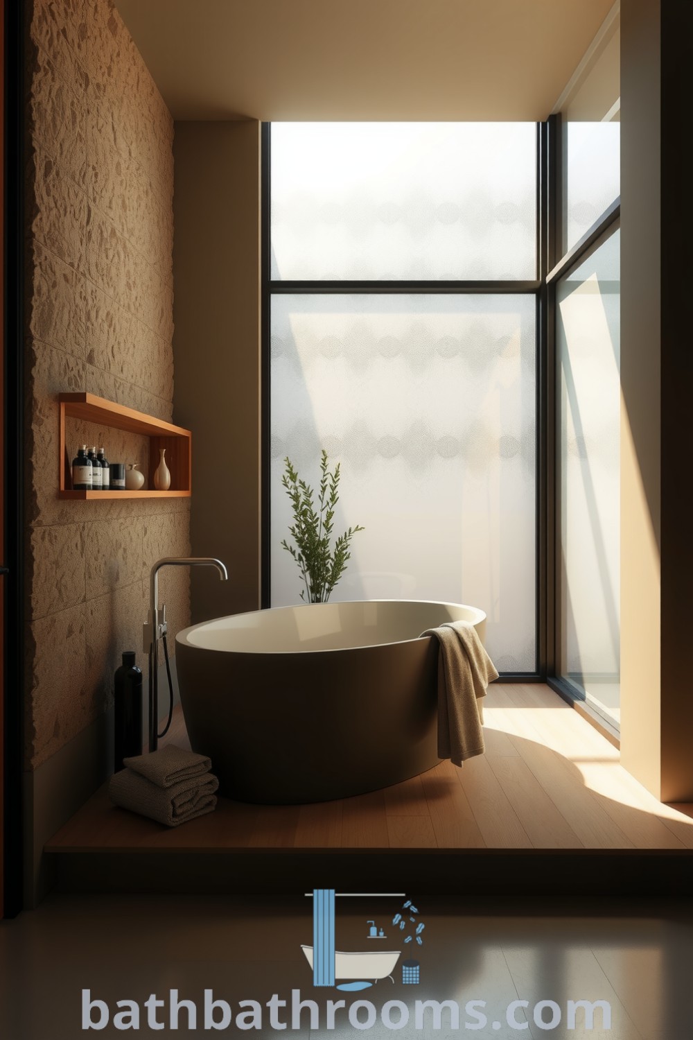 Tranquil minimalist bathroom with olive hues, a freestanding tub, wooden shelves, and earthy textures, creating a soothing atmosphere. Discover inspiring decor ideas for your home at bathbathrooms.com.