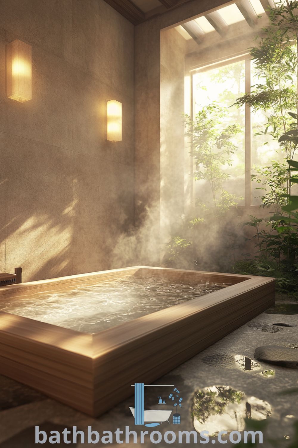 Cozy Japanese bathroom featuring a deep wooden tub, natural stone tiles, bamboo accents, and ambient lighting, creating a tranquil retreat for relaxation. Explore more cozy decor ideas at bathbathrooms.com.