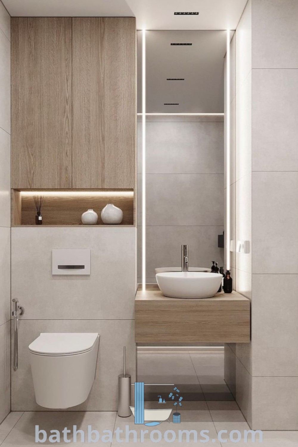 A modern minimalist small bathroom featuring a toilet, sink, and mirror integrated into wall niches, showcasing a neutral design. This cozy guest bathroom illustrates how to maximize style and space with modern ideas. Explore more unique decor inspirations at bathbathrooms.com.