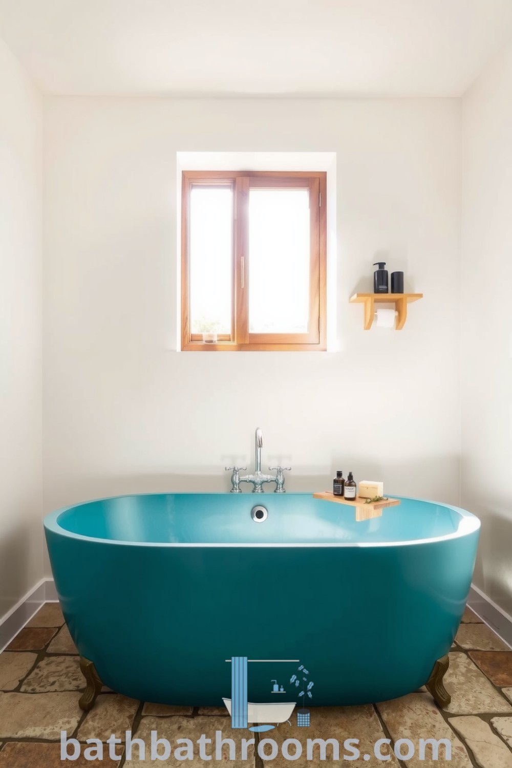 Cozy minimalist bathroom featuring a cyan tub, soft white walls, natural stone tiles, and artisanal soaps on a wooden shelf, creating a serene atmosphere. Explore more inspiring decor ideas for your home at bathbathrooms.com.