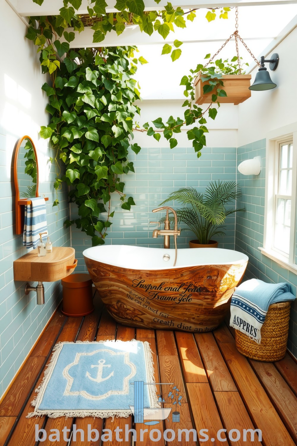 Cozy coastal bathroom featuring weathered wooden decking, seafoam-green tiled walls, a rustic driftwood sink, and a freestanding tub, creating a tranquil seaside retreat. Discover inspiring decor ideas for your home at bathbathrooms.com.