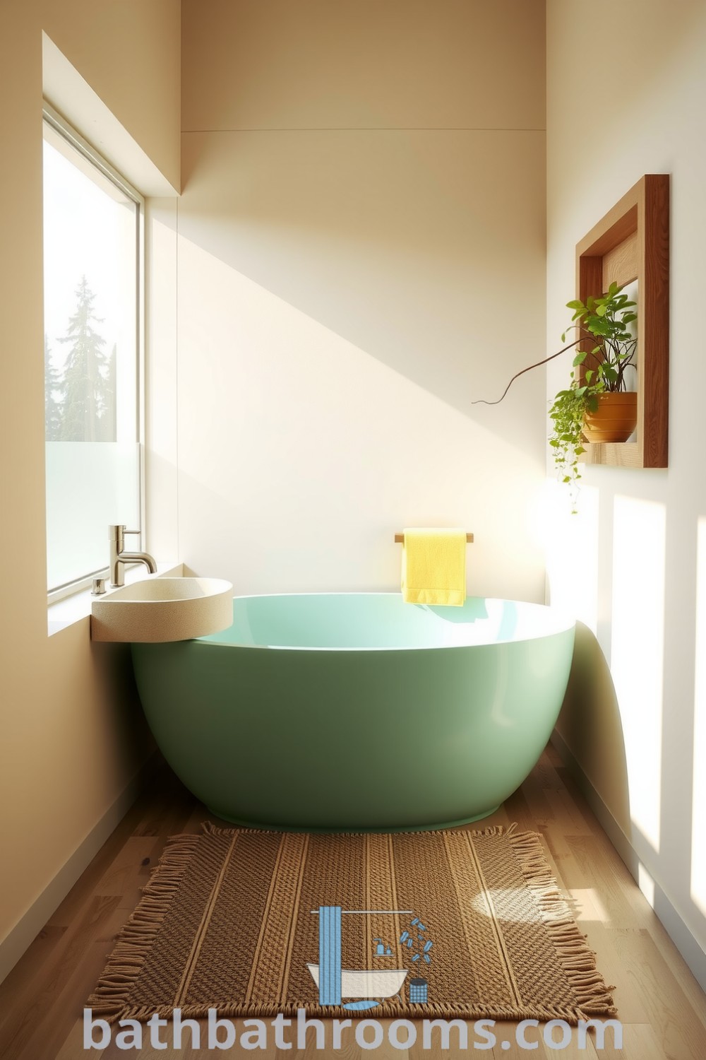 Sleek turquoise tub in a serene minimalist bathroom with soft beige walls, natural light, stone sink, wooden accents, and lush green plants, creating a tranquil and inviting atmosphere. Discover unique ideas for your home at bathbathrooms.com.