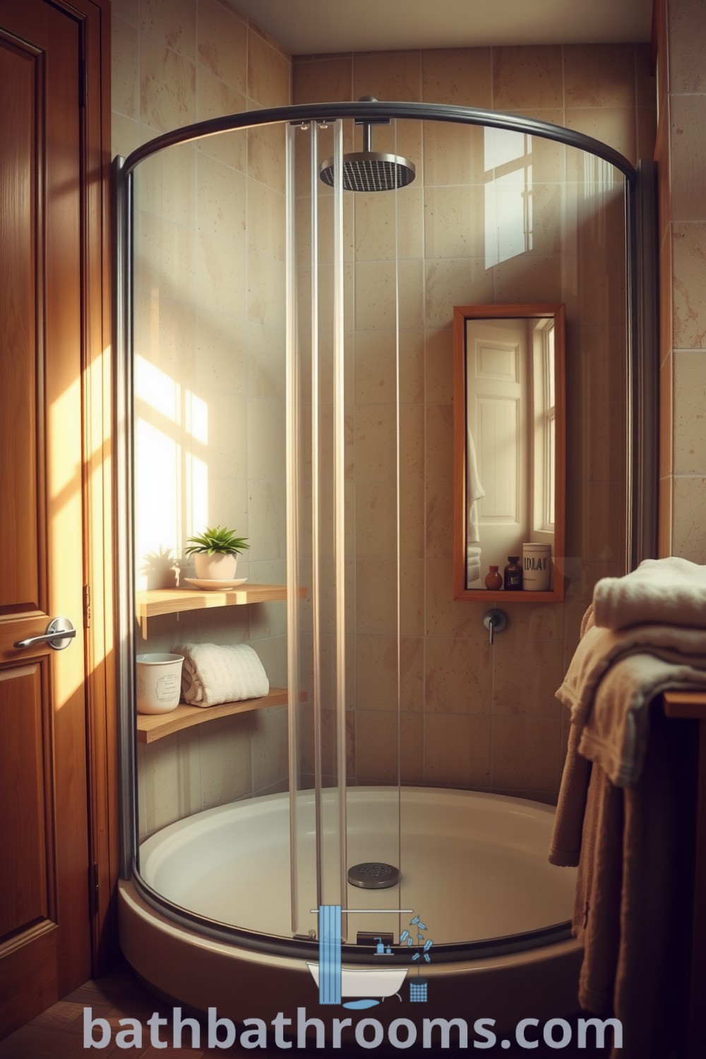 Cozy bathroom featuring elegant wood paneling, a glass shower with soft light, a small plant on a wooden shelf, and plush towels, creating a serene and inviting atmosphere. Discover more cozy ideas and decor inspirations at bathbathrooms.com.