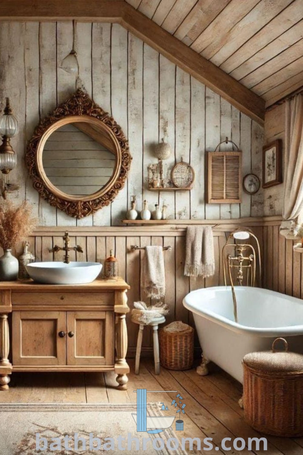An old fashioned bathroom with wood paneling, a white clawfoot tub, sink, mirror, and rug, exemplifying cozy antique bathroom ideas and chalet style. Explore unique decor ideas and inspirations for your home at bathbathrooms.com.