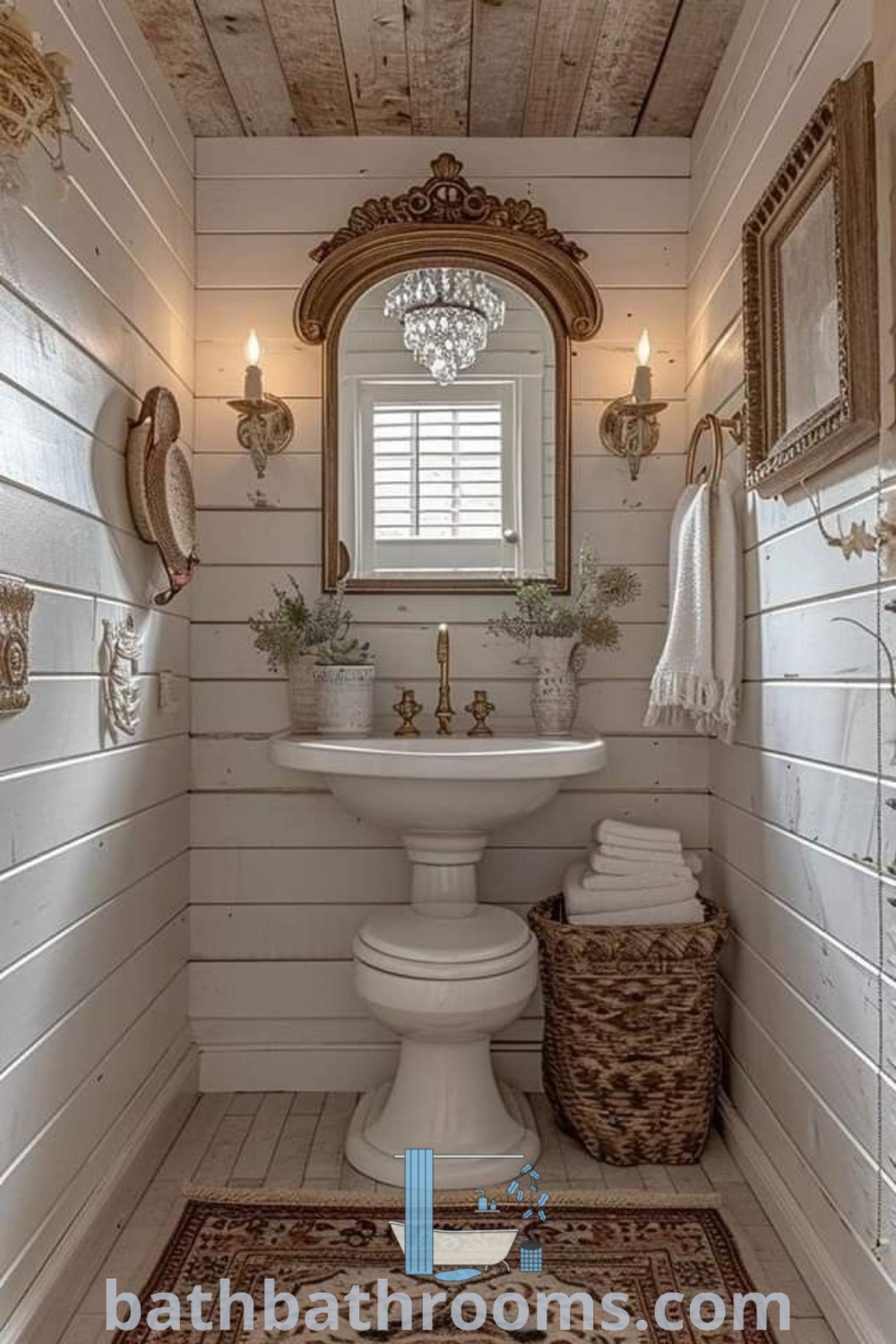A rustic country bathroom featuring a sink, mirror, and a cozy rug, exemplifying charming design ideas and inspirations. The period home decor reflects a spring cottage aesthetic with elements like decorative bird houses. Discover more unique decor ideas at bathbathrooms.com.