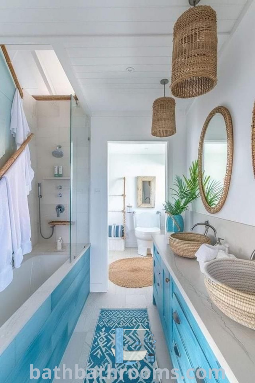 A Coastal Boho bathroom featuring vibrant decor and natural elements, inspired by a surf shack theme. This cozy space includes design tips for small beach house interiors and offers unique ideas to enhance your decor, helping you create a relaxing ambiance. Discover more inspirations at bathbathrooms.com.