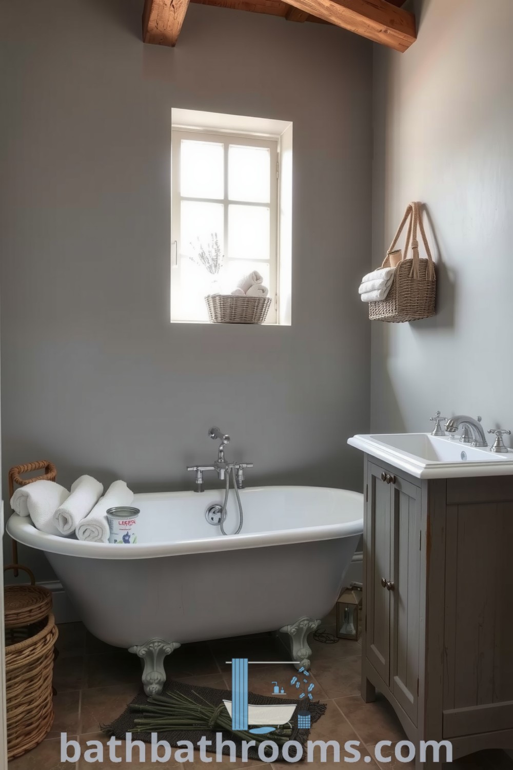 Cozy gray bathroom featuring muted gray walls, a wooden beam ceiling, a freestanding tub under natural light, and delicate lavender on a vintage vanity, all contributing to a tranquil and inviting atmosphere. Explore more cozy decor ideas for your home at bathbathrooms.com.