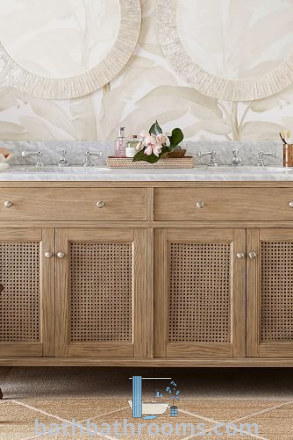 A beautifully designed bathroom showcasing dual sinks with a large mirror above the counter. The elegant setup maximizes style and space, offering both functional and aesthetic benefits. Explore further decor inspirations for your home at bathbathrooms.com.