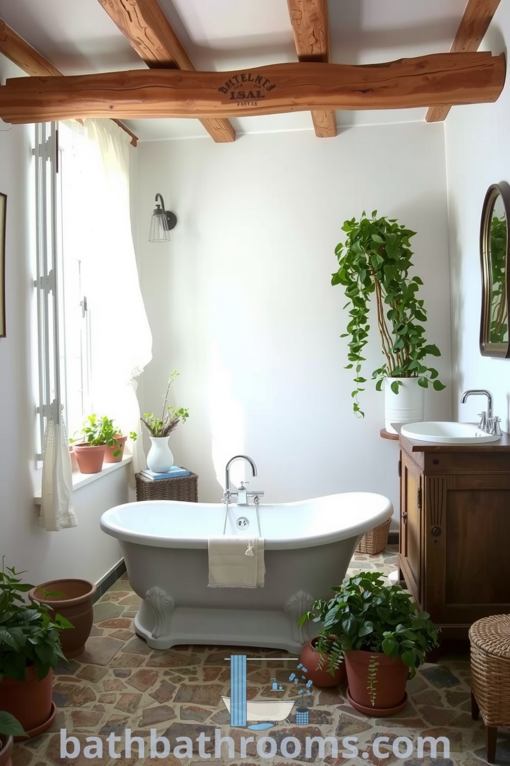 Cozy Provence bathroom featuring soft white walls, rustic wooden beams, a freestanding tub, terracotta plants, and inviting sunlight, creating a serene escape. Discover more cozy home ideas at bathbathrooms.com.