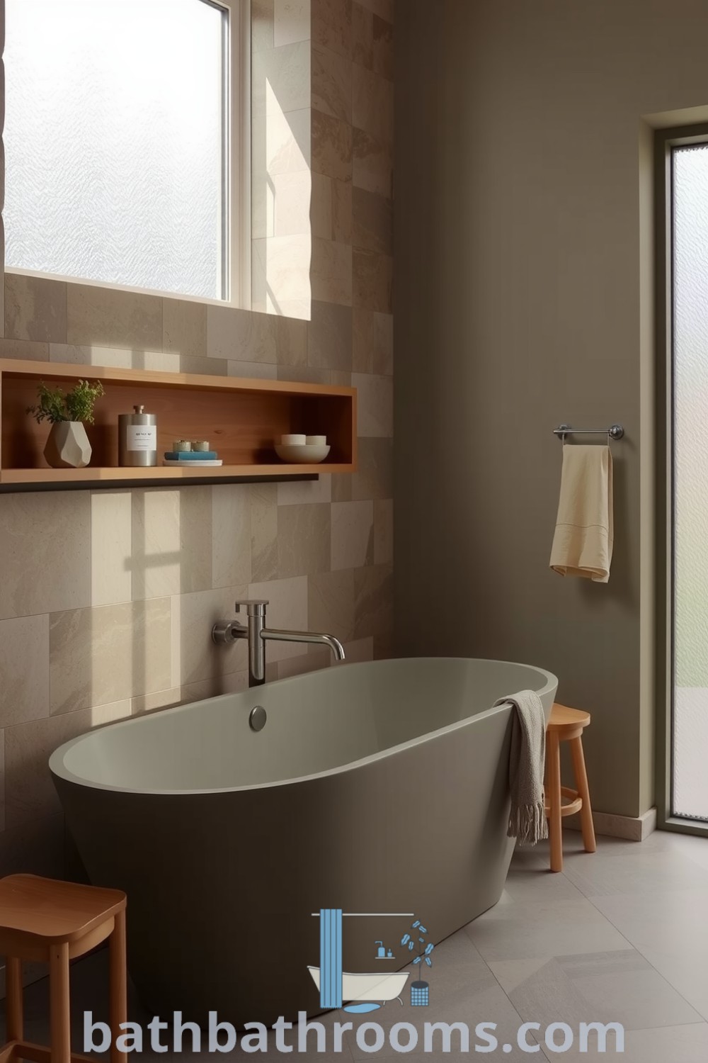 Minimalist bathroom with soft olive hues, a freestanding tub against a textured stone wall, natural wood shelf with plants and handmade soaps, creating a calming and inviting atmosphere. Discover inspiring decor ideas for small spaces at bathbathrooms.com.