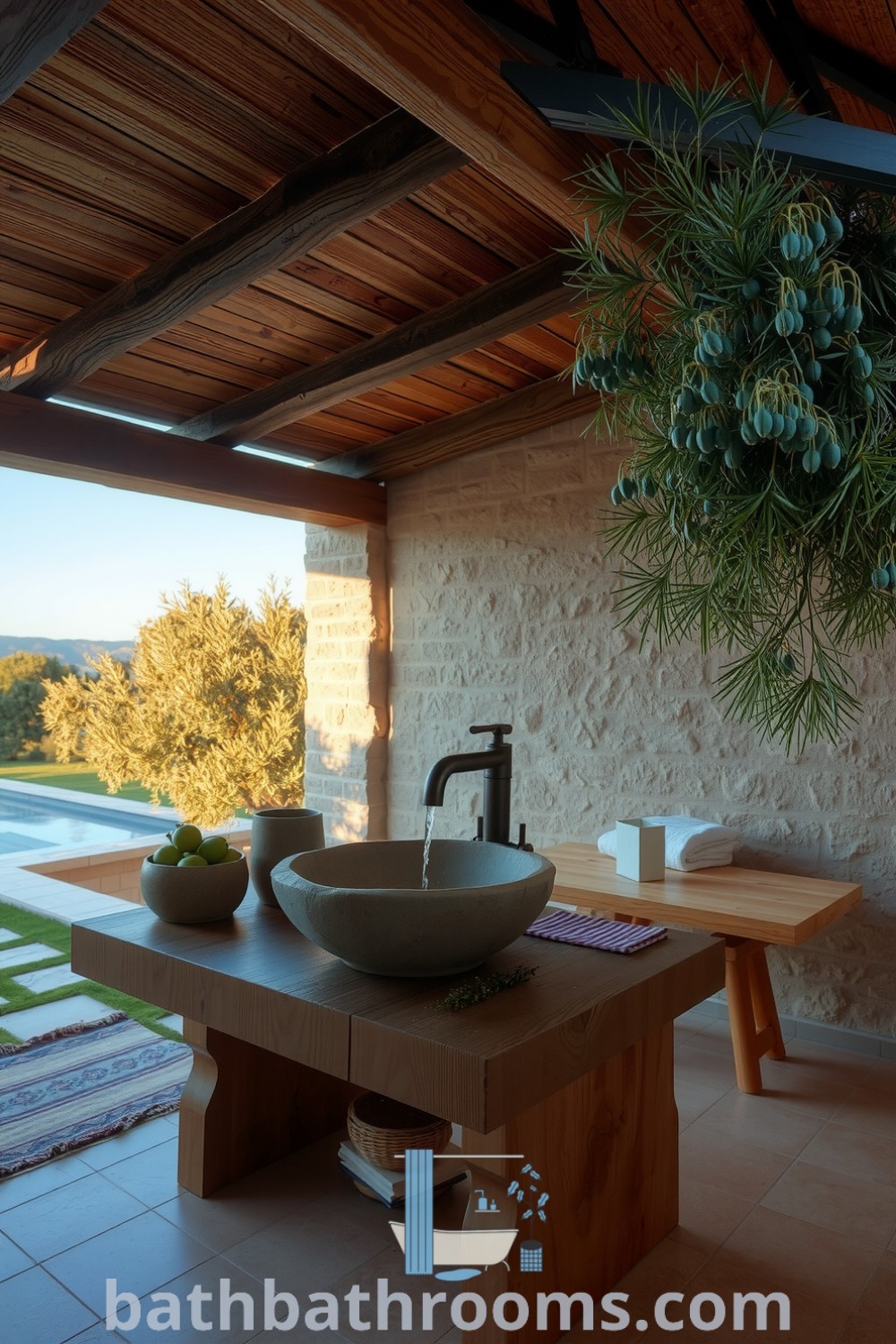 Outdoor bathroom with natural stone walls, a wooden vanity, and a large stone basin, creating a rustic Mediterranean oasis filled with olive trees and a warm, inviting ambiance. Discover inspiring decor ideas for your home at bathbathrooms.com.