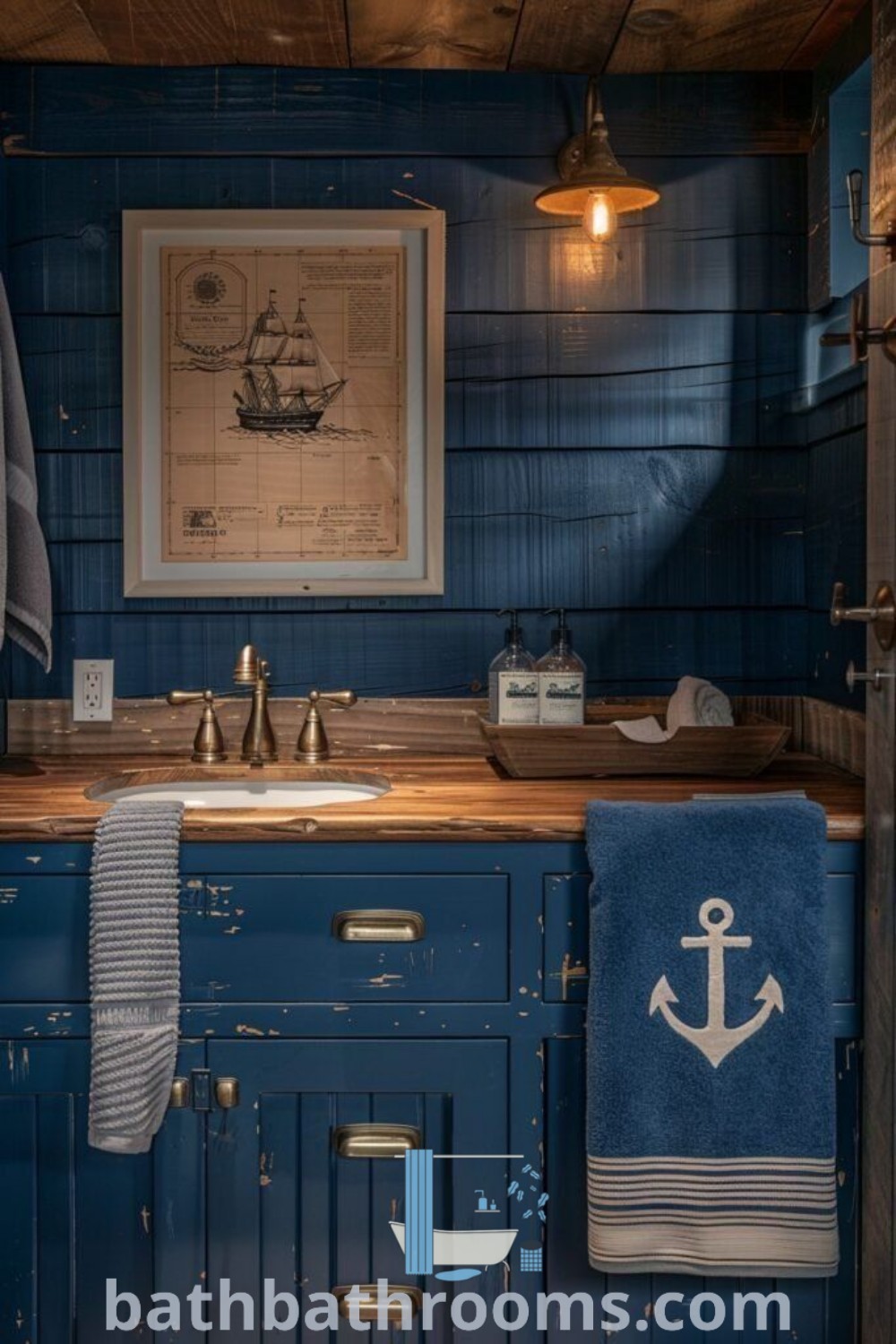 A contemporary coastal bathroom featuring blue cabinets, a rustic wood vanity, and an anchor towel, showcasing nautical symbols. This cozy design emphasizes ideas for rental properties and offers inspiring decor ideas for your home. Discover more at bathbathrooms.com.
