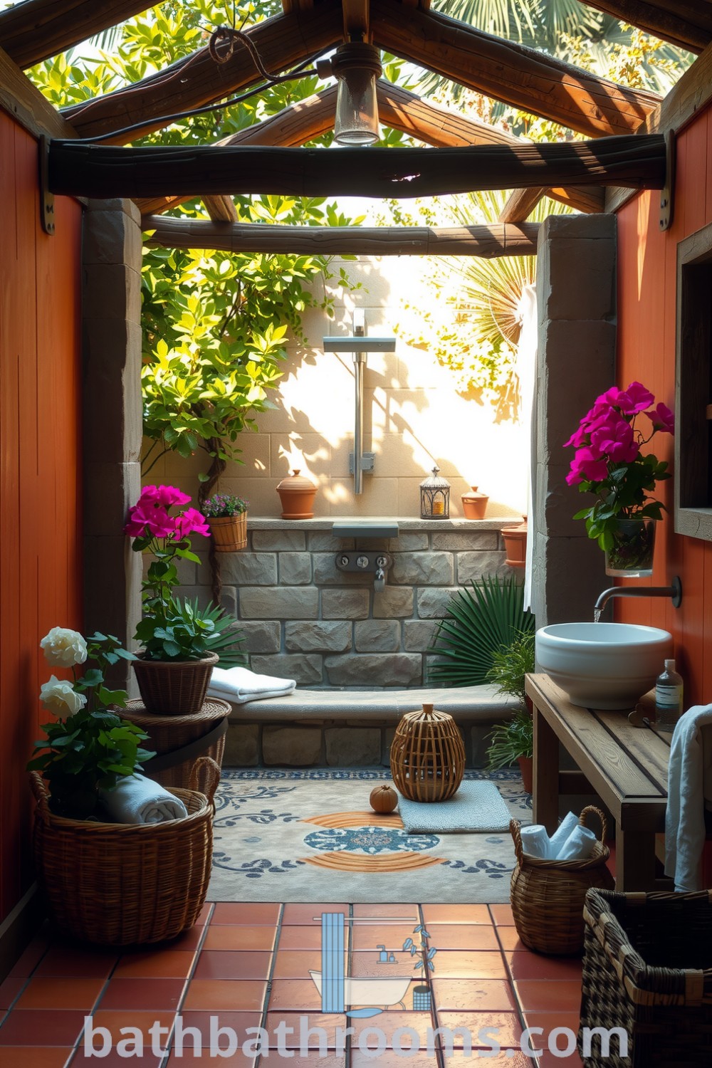 Mediterranean outdoor bathroom featuring warm terracotta tiles, a rustic wooden framework, a stone open-air shower, lush greenery, and vibrant geraniums, creating a serene and inviting atmosphere. Discover unique decor ideas for your home at bathbathrooms.com.