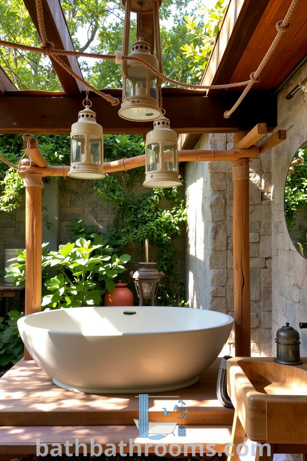Cozy outdoor bathroom spa featuring natural stone walls, lush greenery, a sleek soaking tub, vintage lanterns, and a rustic wooden sink, creating a tranquil atmosphere. Discover more decor ideas for your home at bathbathrooms.com.