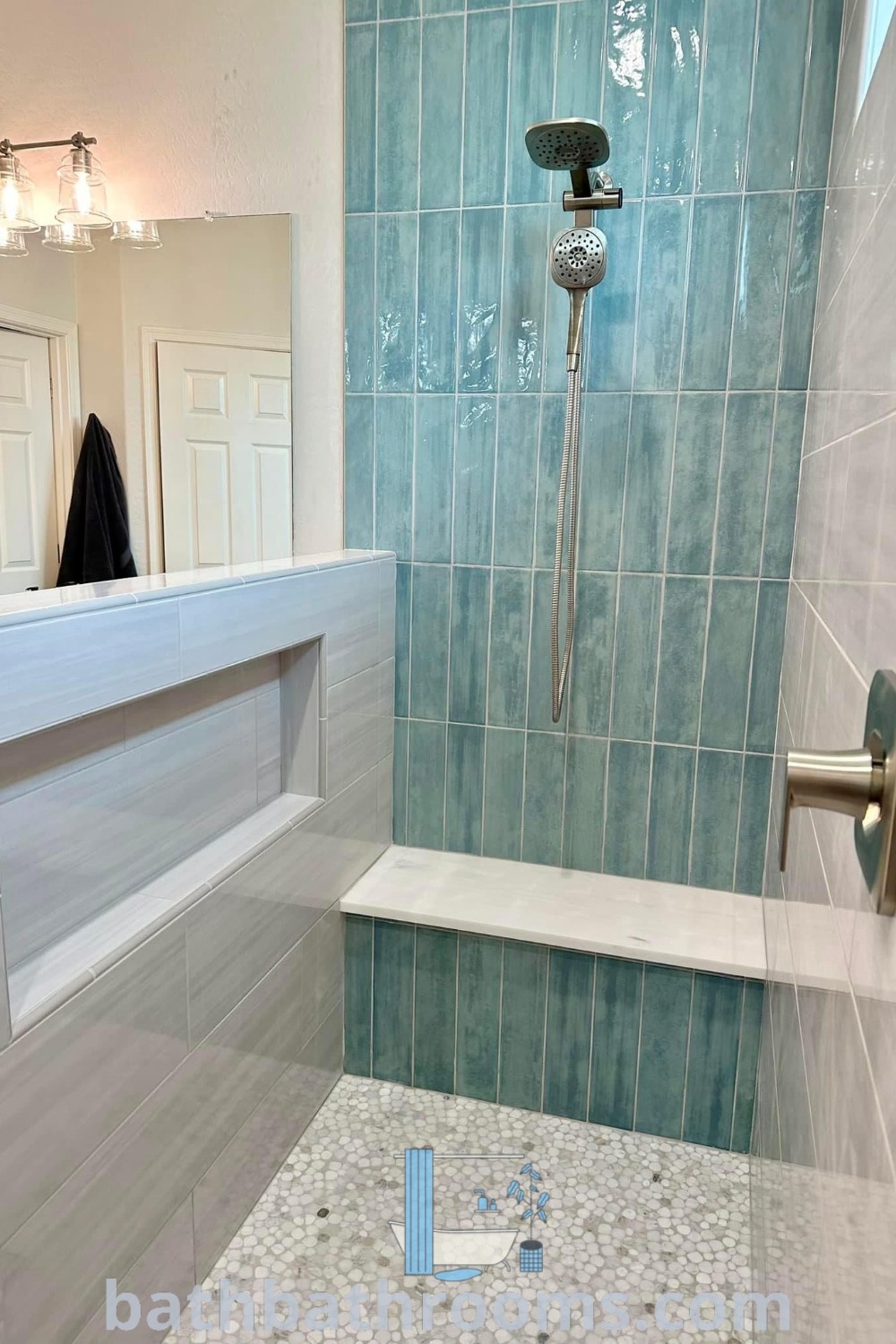 A stylish bathroom featuring blue tiles and a white bathtub, showcasing coastal shower tile ideas and master bath remodel blue trends. The decor invites cozy aesthetics and emphasizes design inspirations for small spaces, maximizing both style and functionality. Explore unique bathroom ideas at bathbathrooms.com.