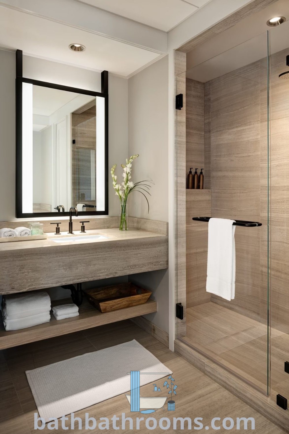A modern beach bathroom with a large mirror, sink, and corner shower stall, embodying a cozy aesthetic with functional design ideas. The image showcases en suite bedroom inspirations and loft bathroom ideas, perfect for those seeking to enhance their home