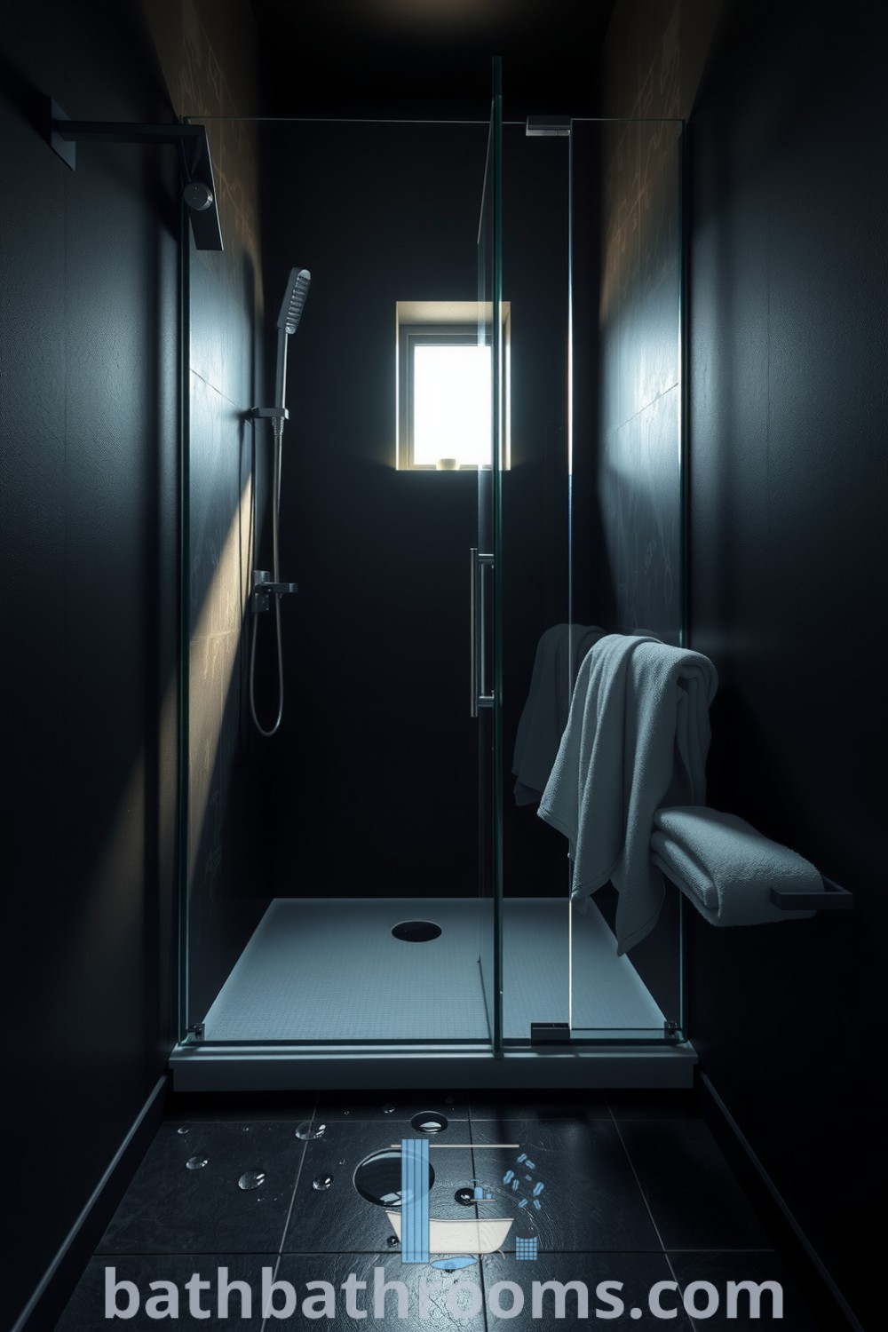 Stylish modern black bathroom featuring frameless glass shower, textured matte walls, polished stone floor, and soft towels, creating a serene and inviting atmosphere. Discover more inspiring decor ideas for small spaces at bathbathrooms.com.