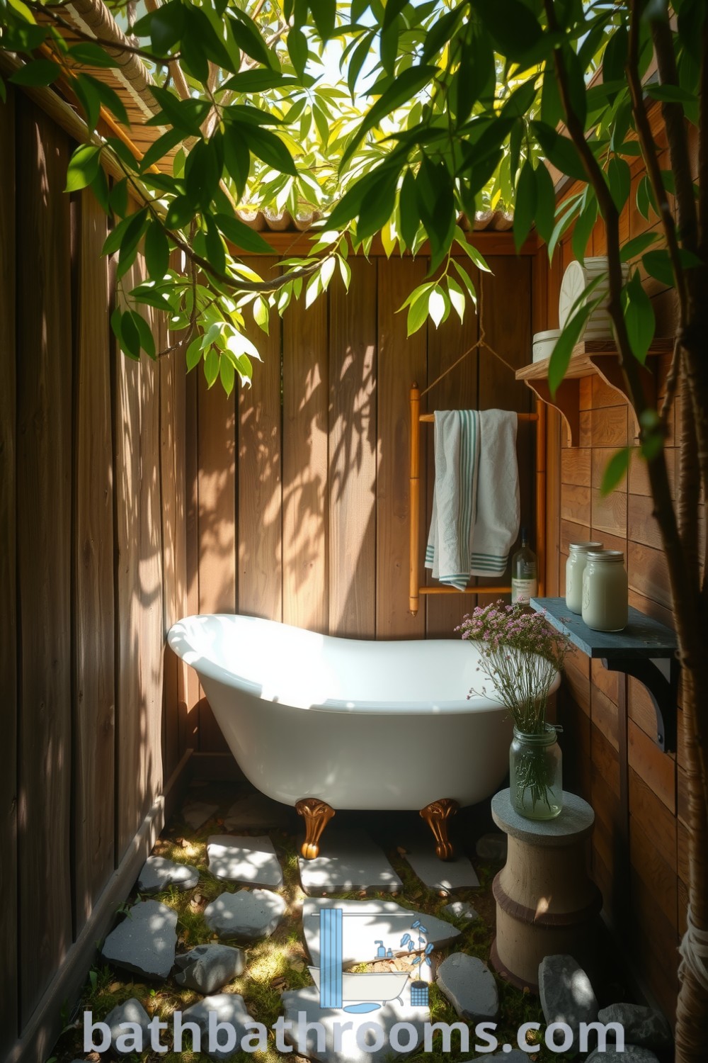 Cozy outdoor bathroom with rustic wooden walls, vintage clawfoot tub, handmade soaps, and wildflowers, creating a peaceful and inviting ambiance. Explore more unique ideas for your home at bathbathrooms.com.