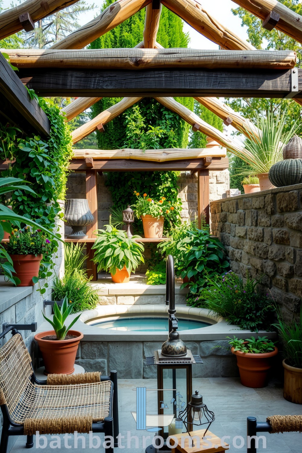 Outdoor bathroom featuring a deep soaking tub surrounded by natural stone and lush greenery, with weathered wooden beams, potted herbs, wildflowers, and rustic lanterns for a cozy aesthetic. Discover unique ideas for a perfect style fusion at bathbathrooms.com.