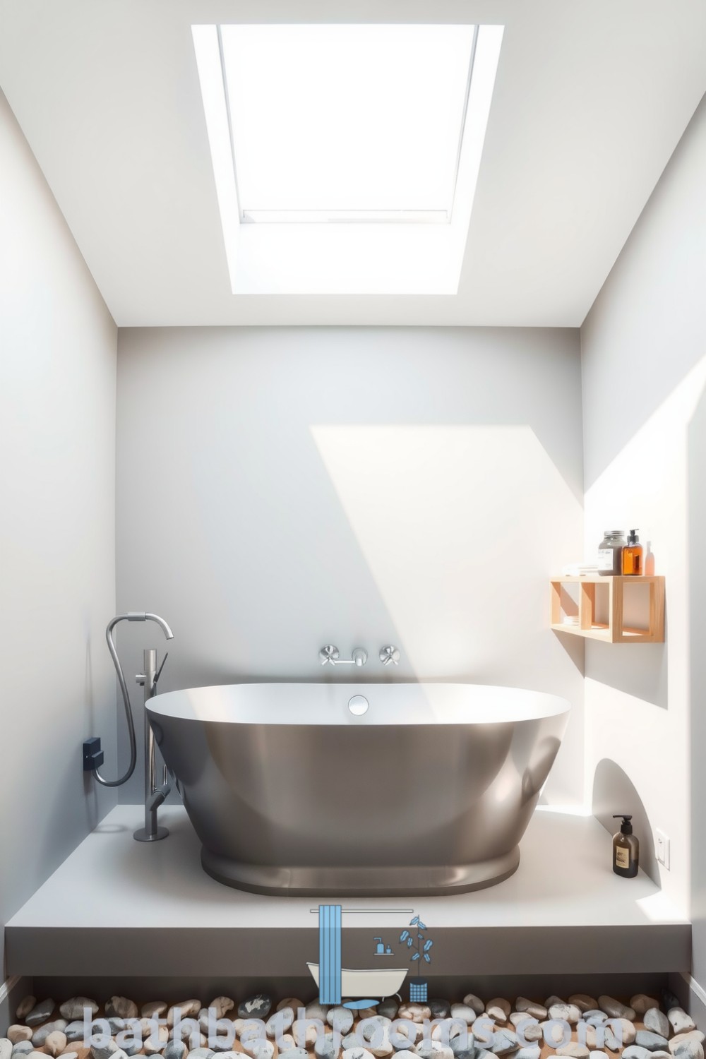 Smooth silver tub in a tranquil minimalist bathroom with muted gray walls, natural light from a skylight, wooden shelf holding organic bath essentials, and a pebble stone floor. Explore more design ideas and inspirations for your home at bathbathrooms.com.